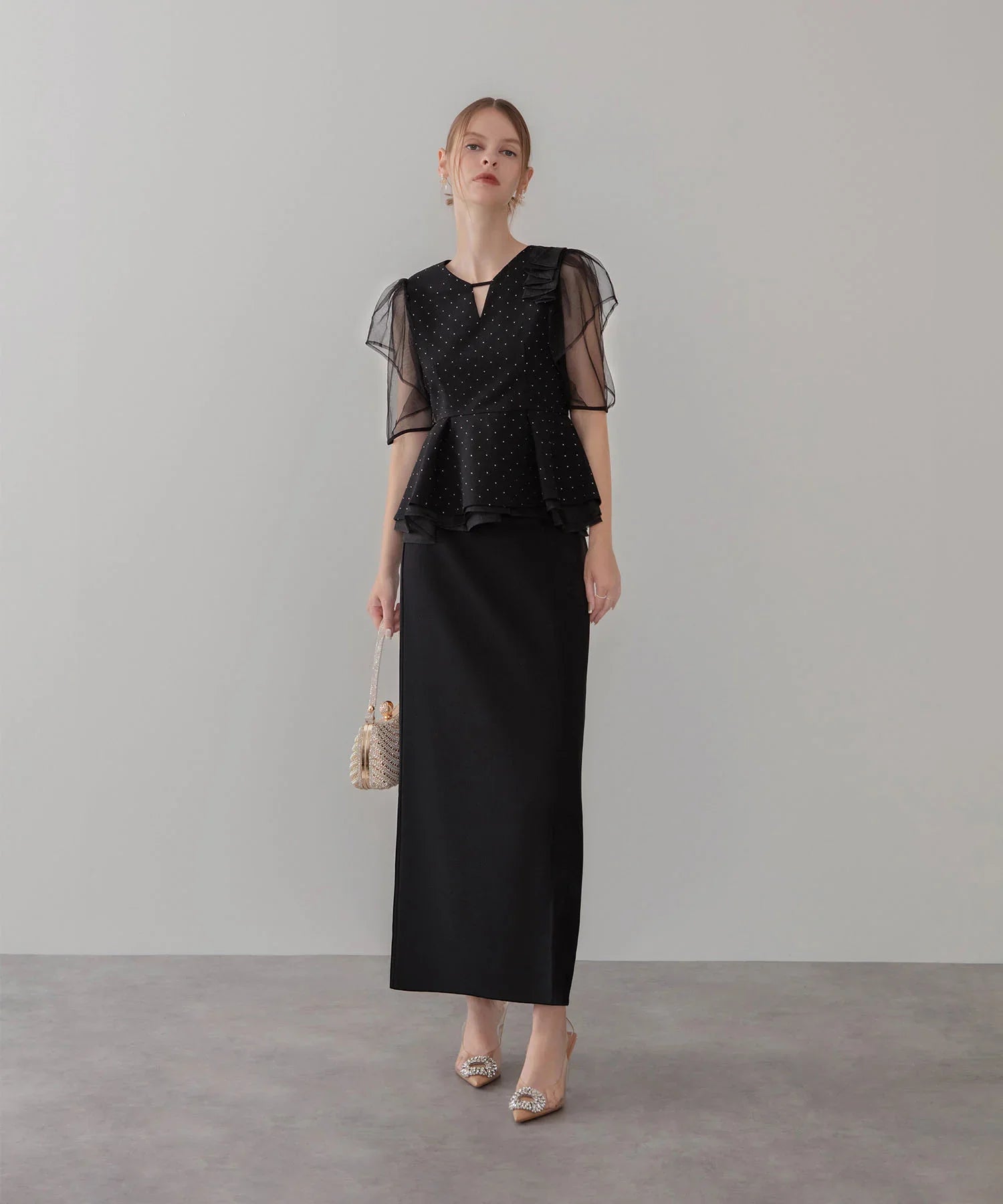 【当日発送】ドットストーンチュールペプラムセパレートIラインドレス