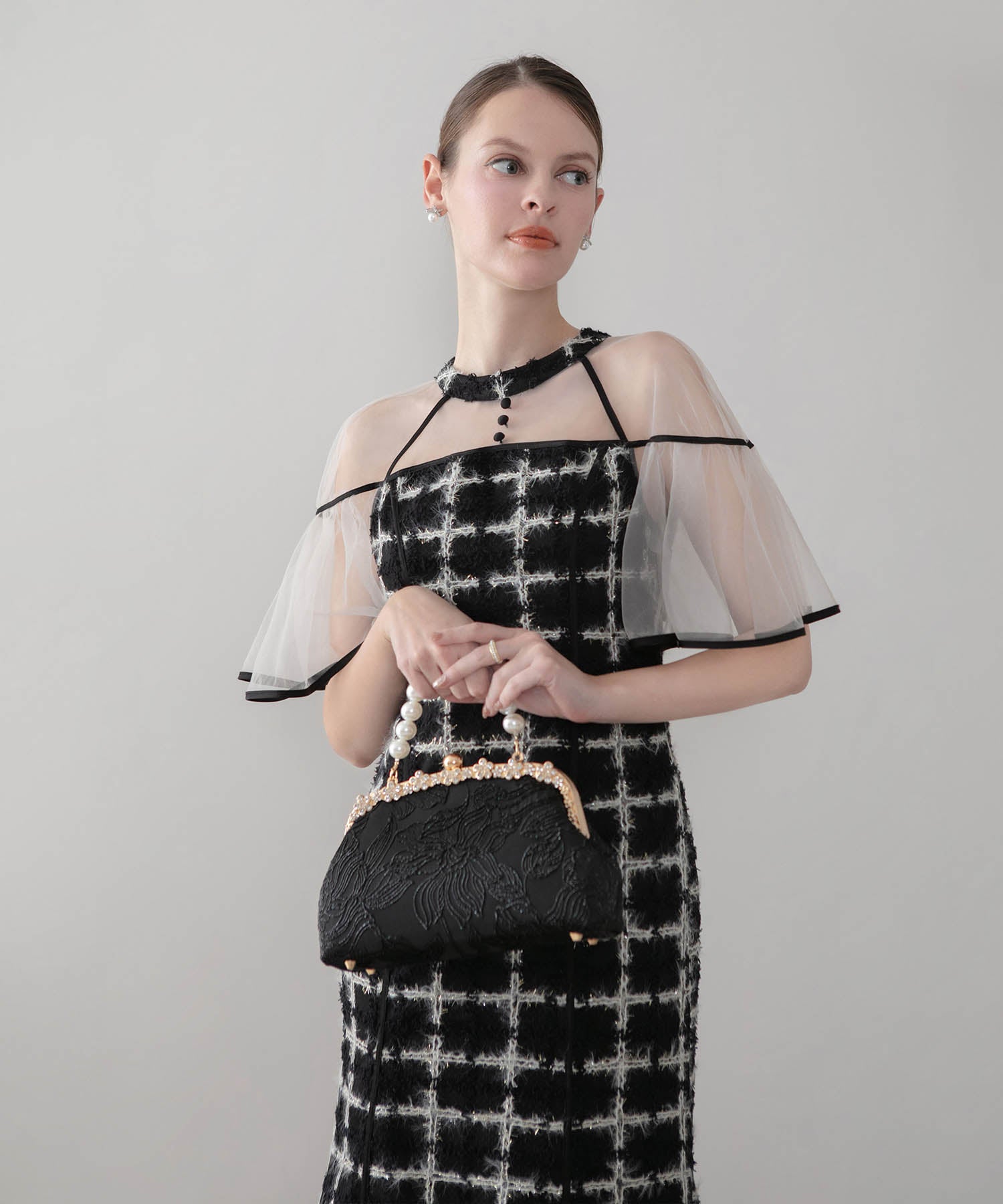 【当日発送】ラメシャギーツイードチェックフリルマーメイドワンピースドレス