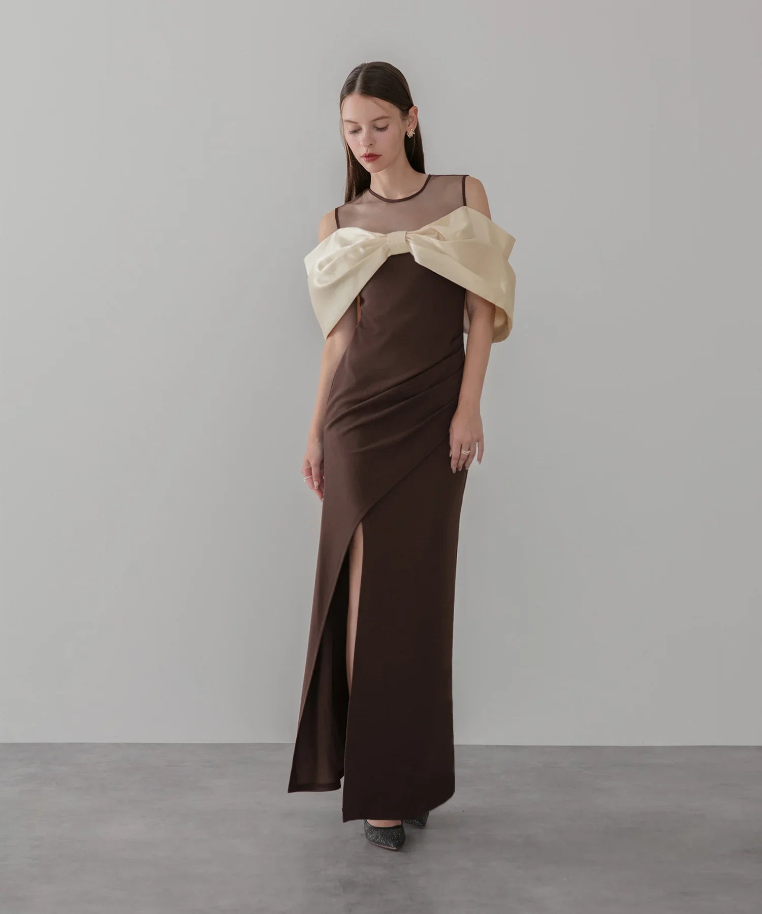 LEJA LUXE】ビッグリボンシアーショルダードレープロングドレス