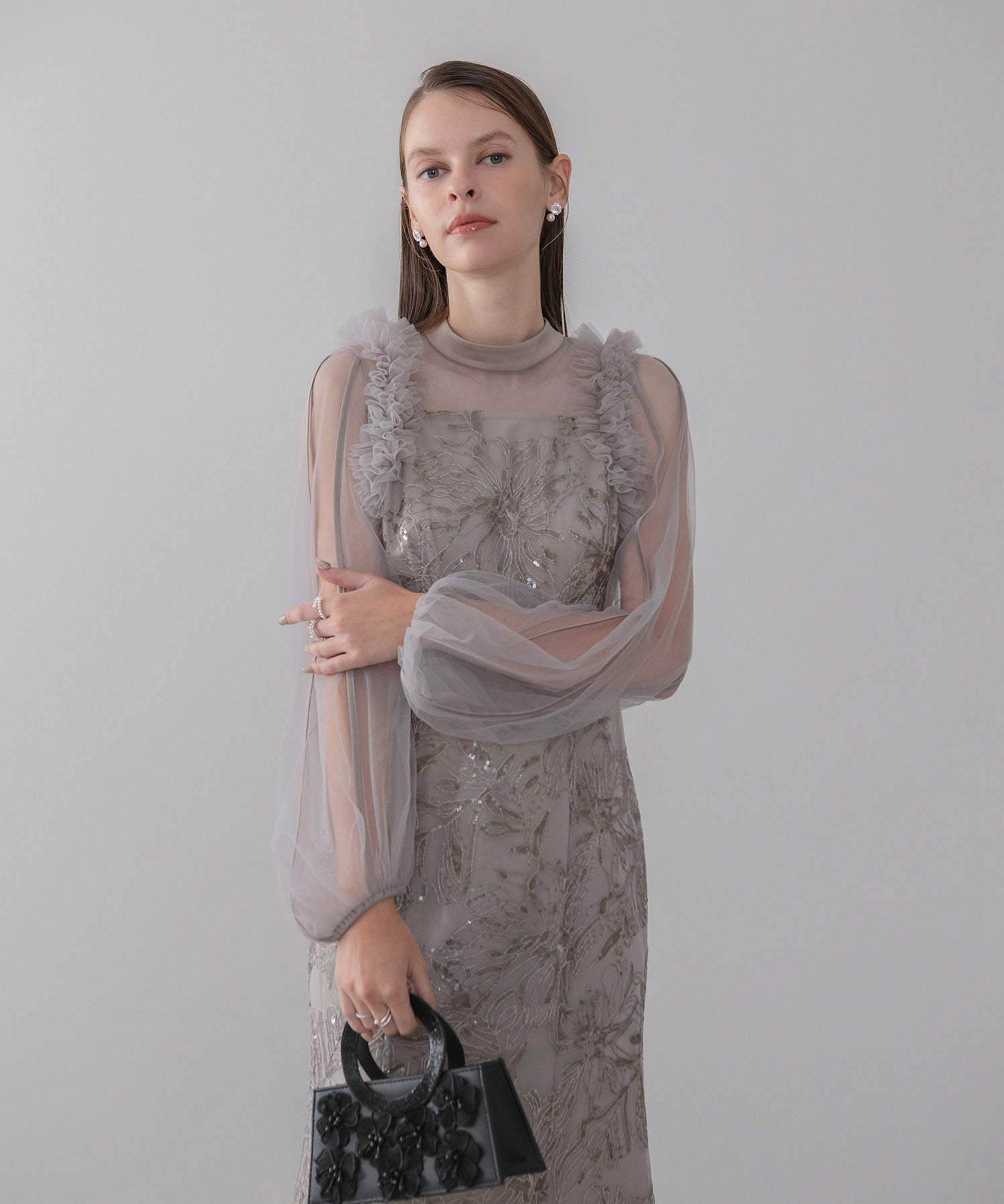 【当日発送】フラワースパンコールチュールフリルロングスリーブマーメイドワンピースドレス