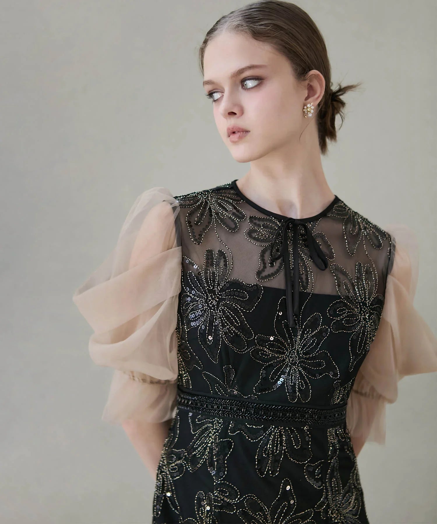 【予約販売】スパンコールフラワーリボンチュールワンピースドレス