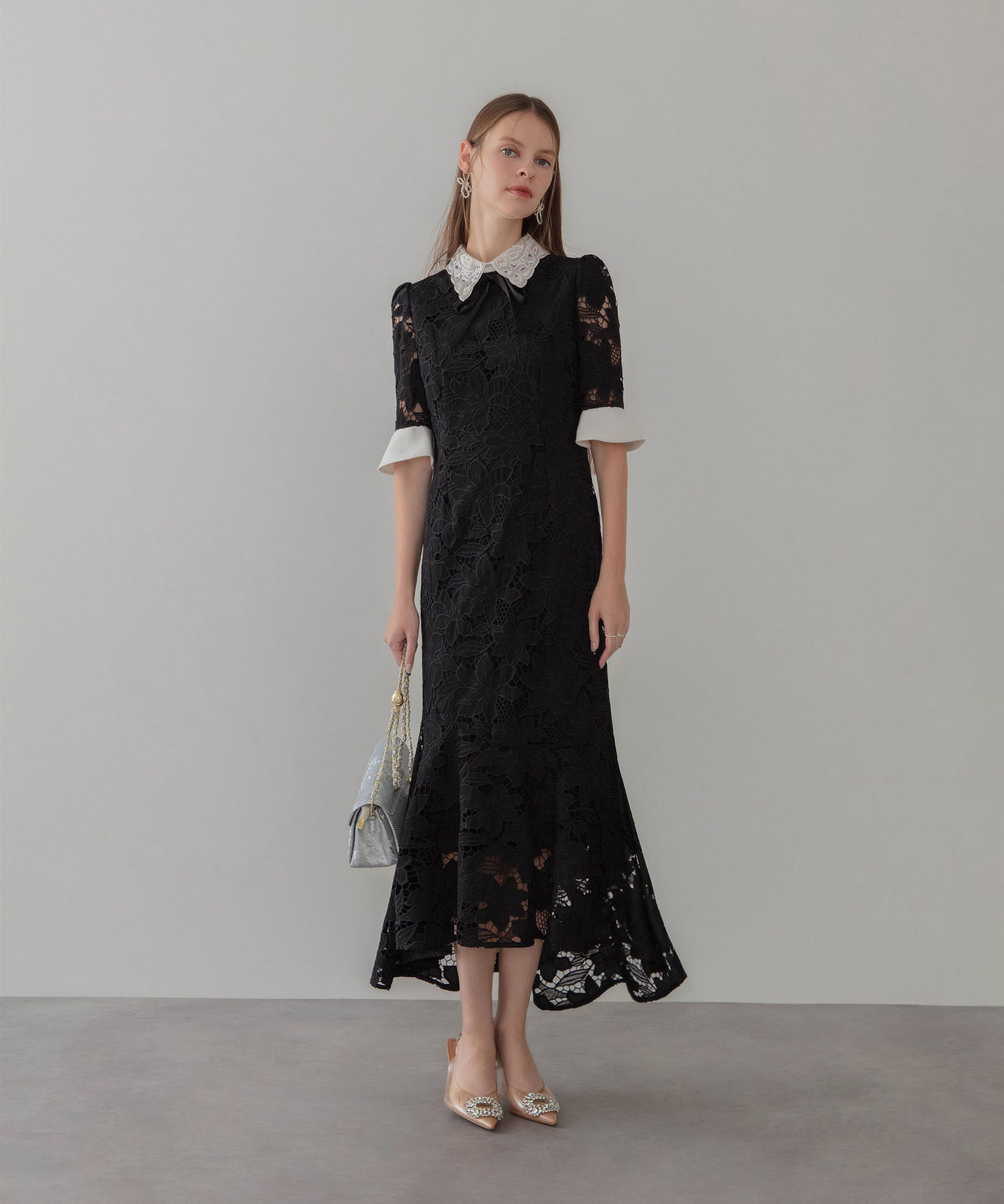 【当日発送】パールカラーボウタイフラワーレースフィッシュテールワンピースドレス