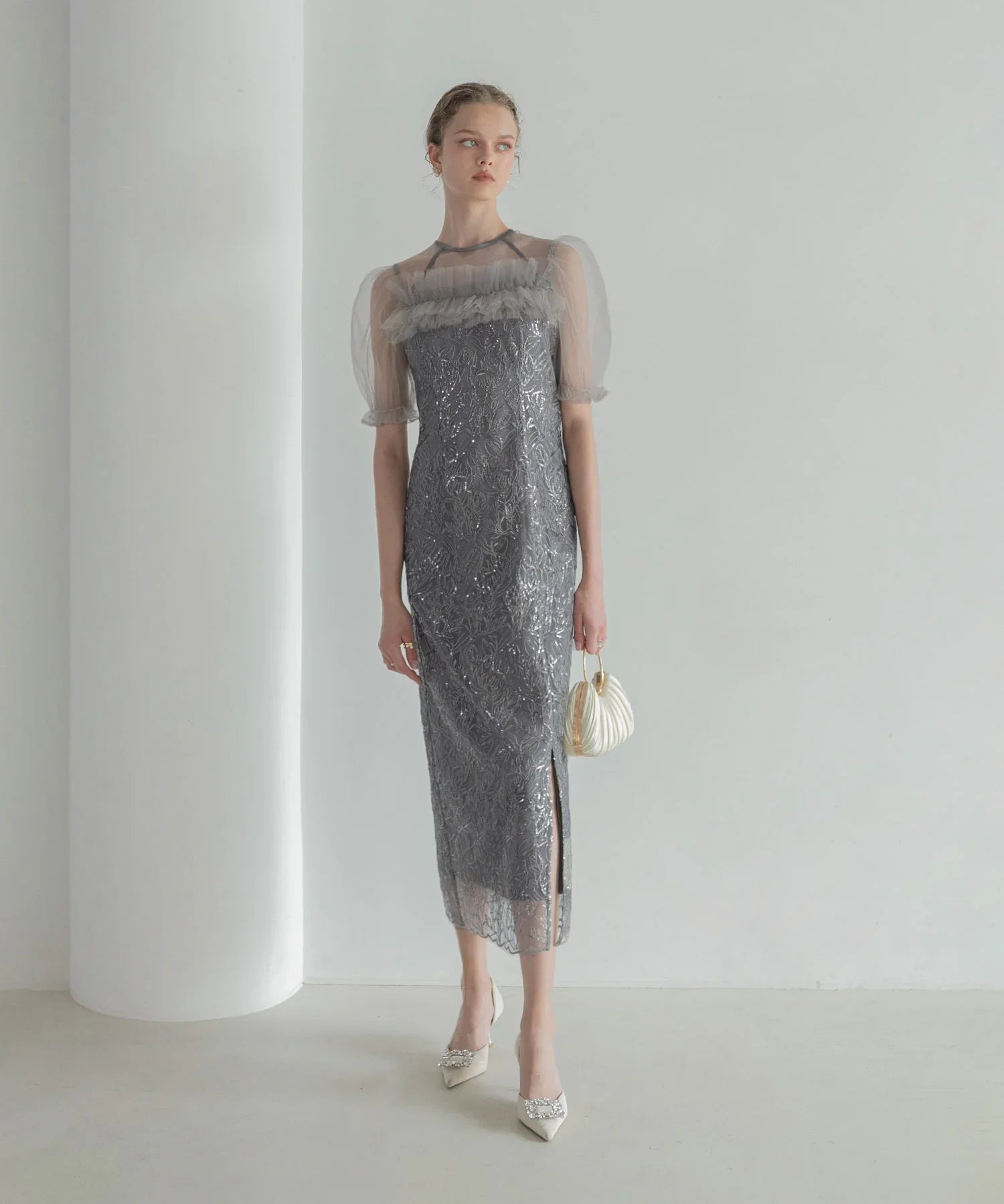 【当日発送】チュールフラワースパンコールIラインワンピースドレス