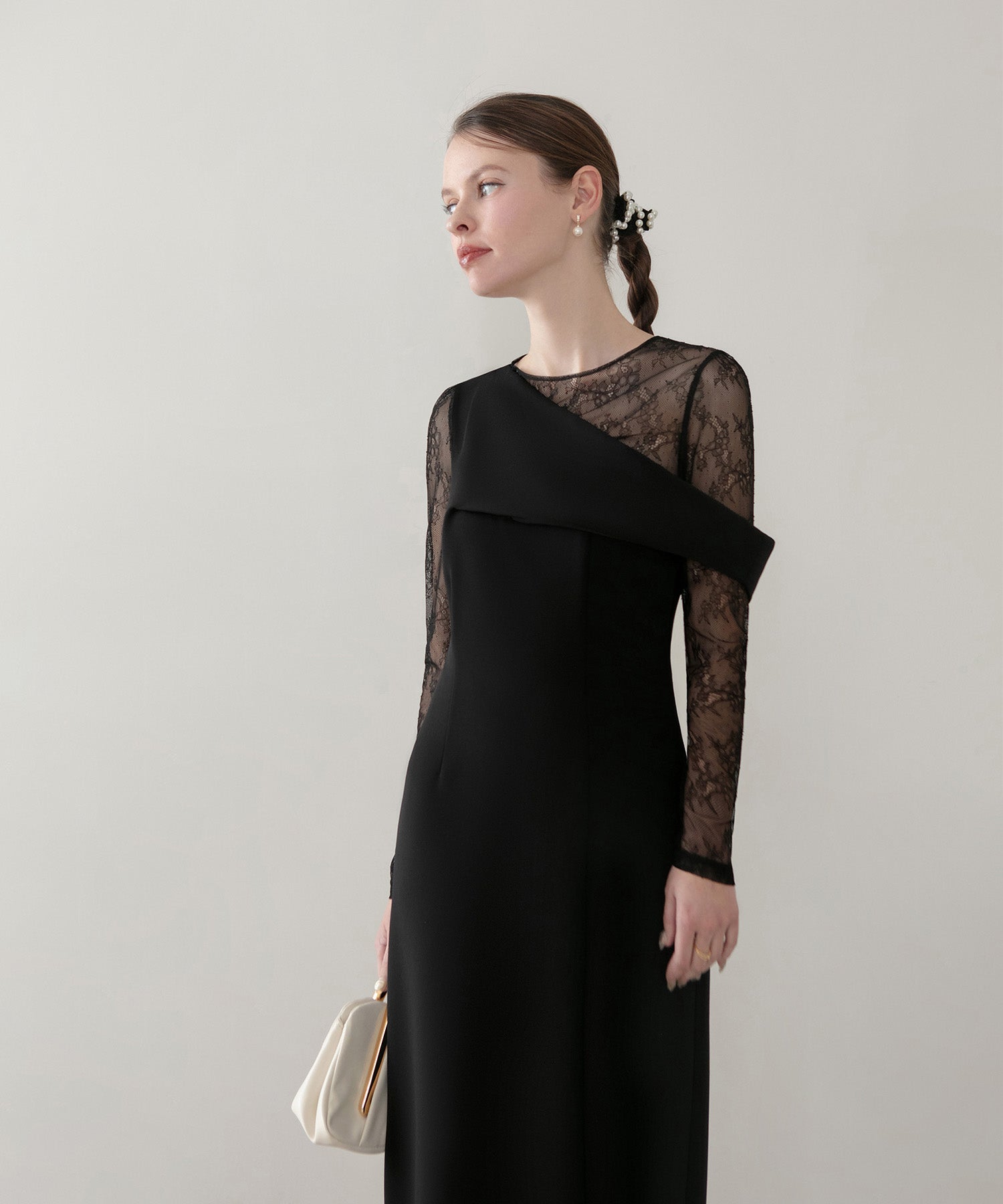 【当日発送】アシンメトリーレースレイヤードフロントスリットセットアップドレス