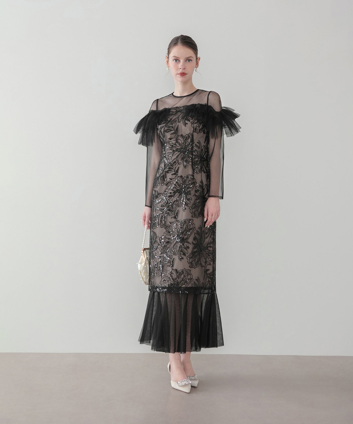 【COMING SOON】フラワースパンコールヘムチュールＩラインワンピースドレス