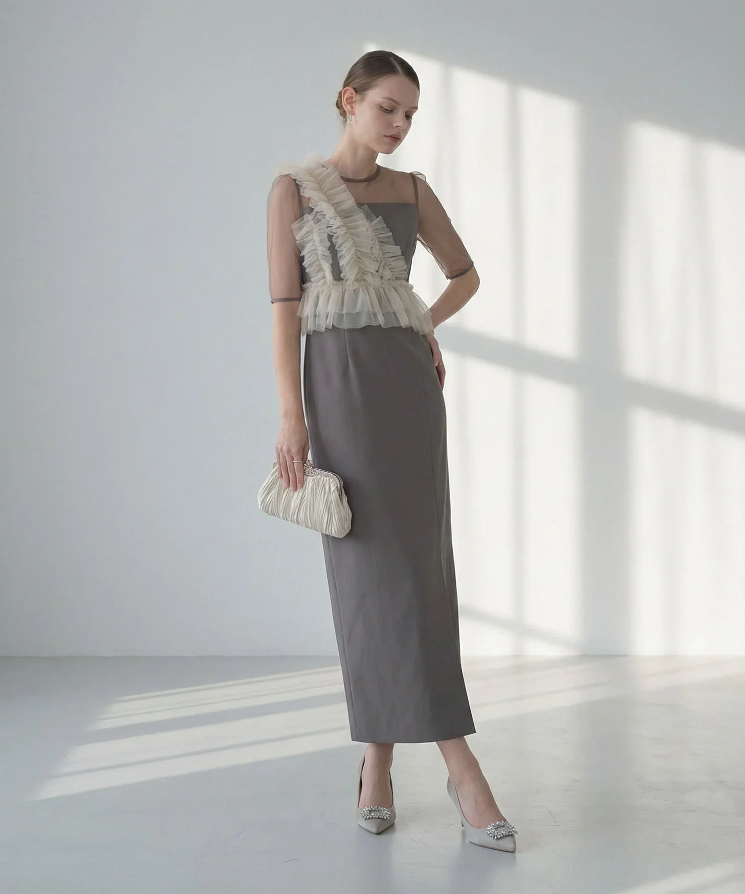 当日発送】アシンメトリーフリルチュールIラインワンピースドレス