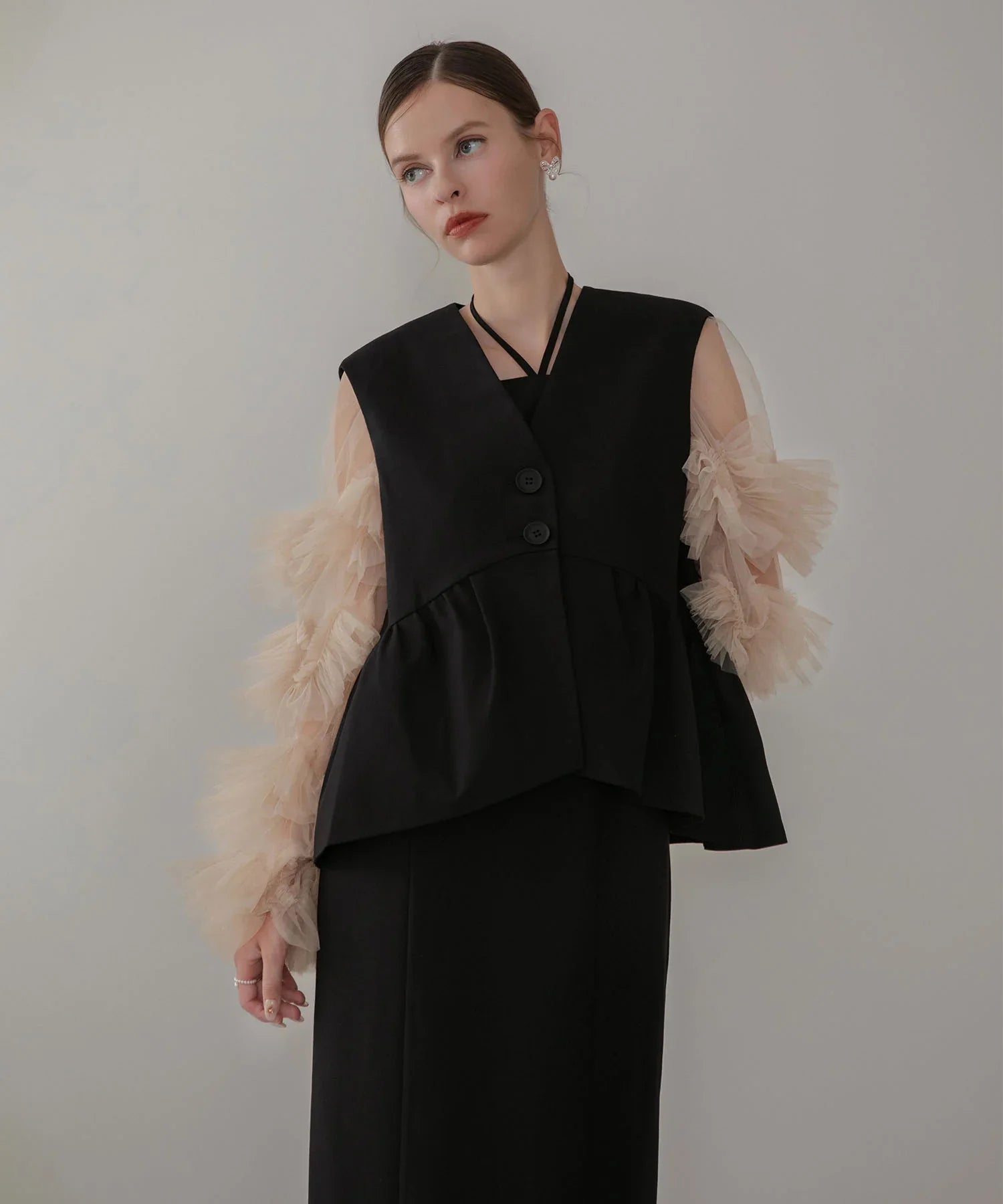 【当日発送】チュールフリルスリーブベストセットワンピースドレス