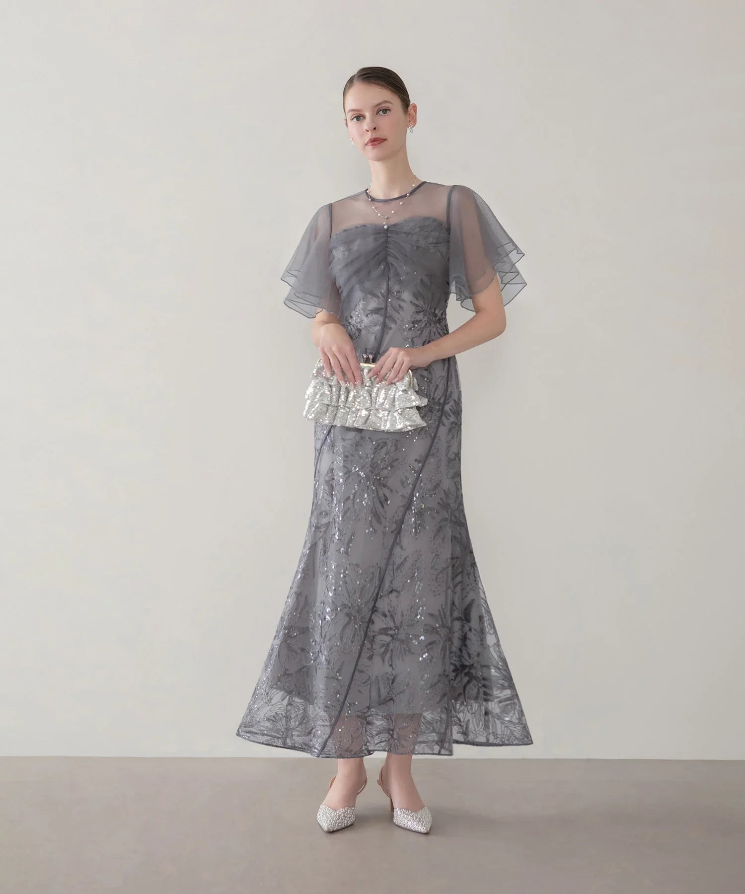 【当日発送】フラワースパンコールチュールフレアスリーブマーメイドワンピースドレス