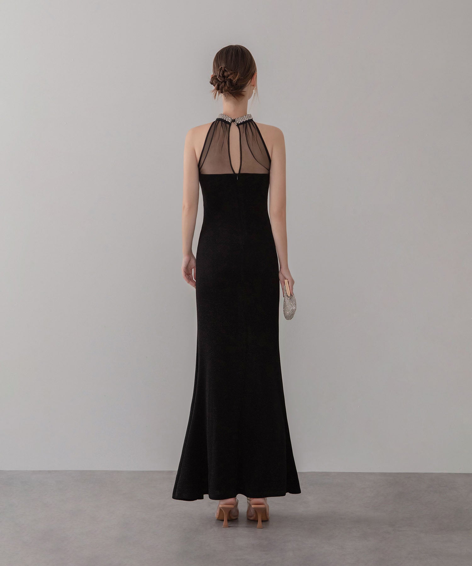 【LEJA LUXE】シアーネックビジューデザインブラックマーメイドロングドレス