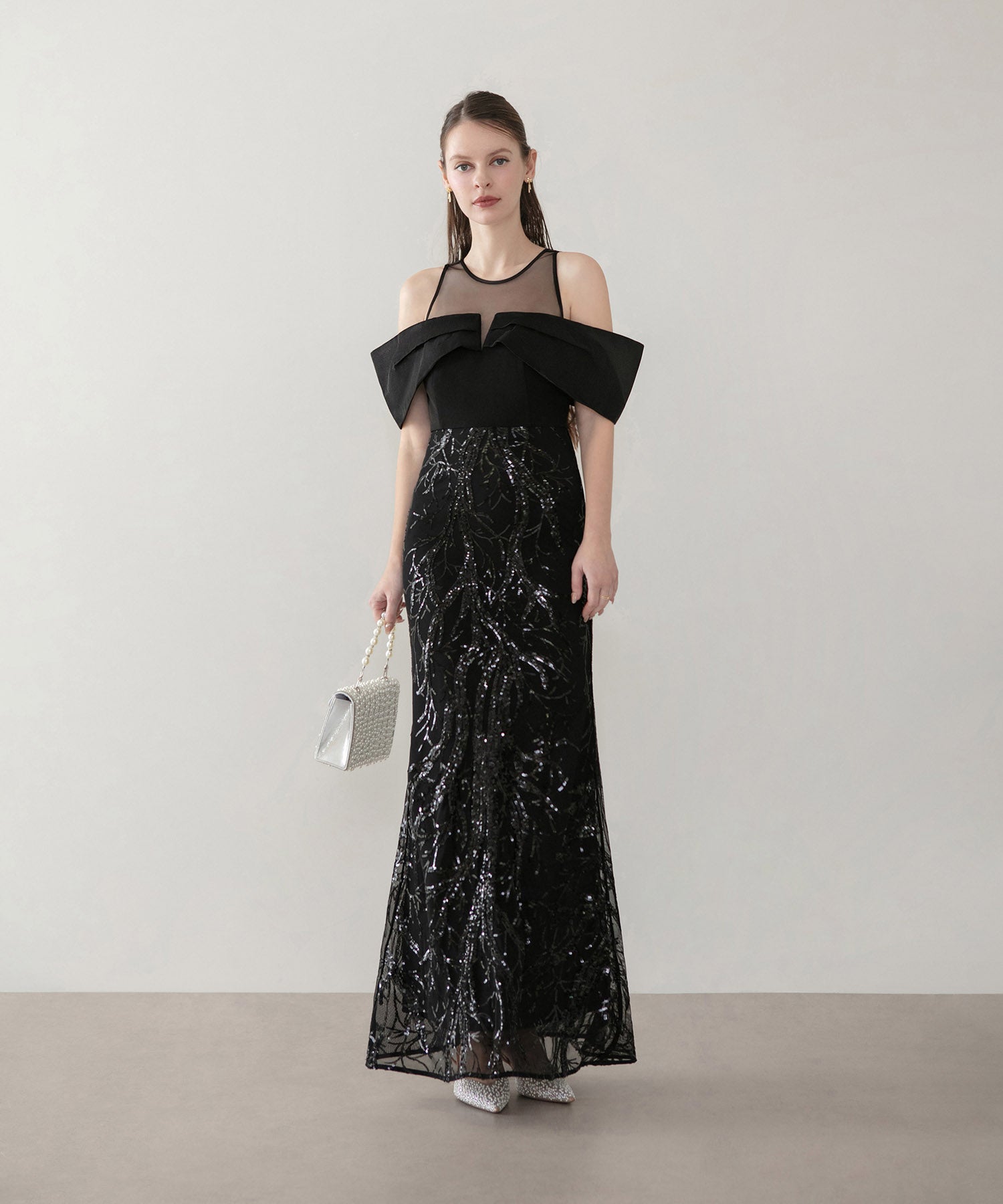 LEJA LUXE】シースルーオフショルダーデザインスパンコールマーメイド