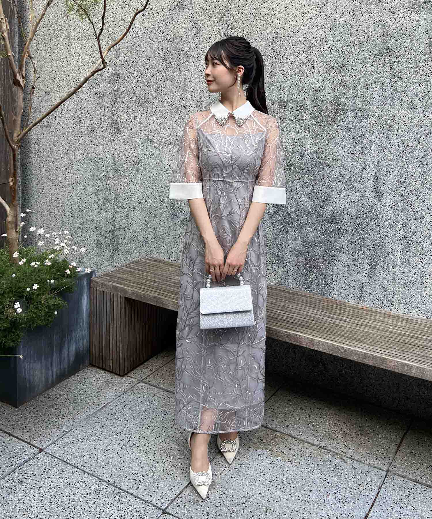 【新品】シアースパンコールベロアIラインワンピースドレス COMING SOON】シアースパンコールビジューカラーIラインワンピースドレス