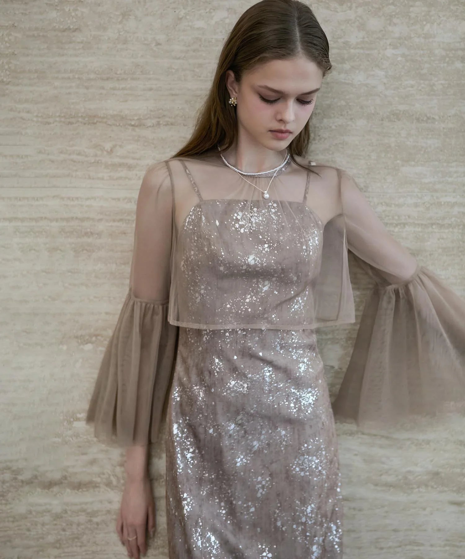 【一部当日発送】シアーチュールベルスリーブペイントIラインワンピースドレス