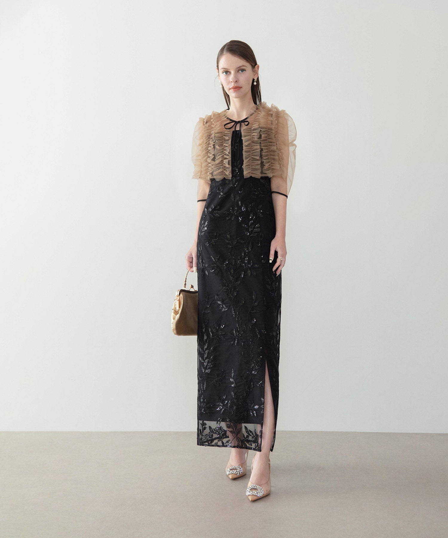 【当日発送】チュールフリルボレロフラワースパンコールＩラインワンピースドレス