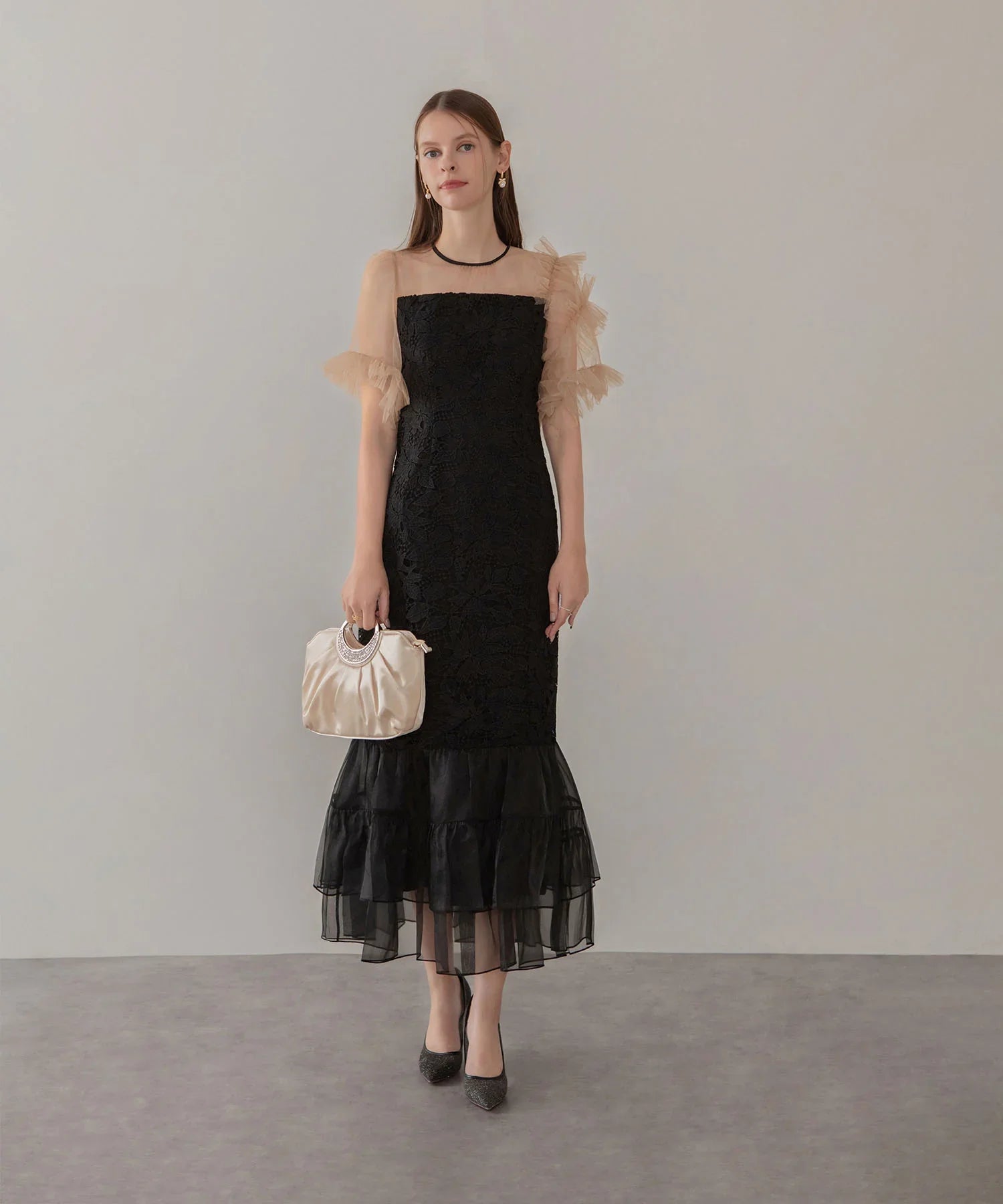 【一部当日発送】アシンメトリーチュールスリーブレースフリルヘムIラインワンピースドレス