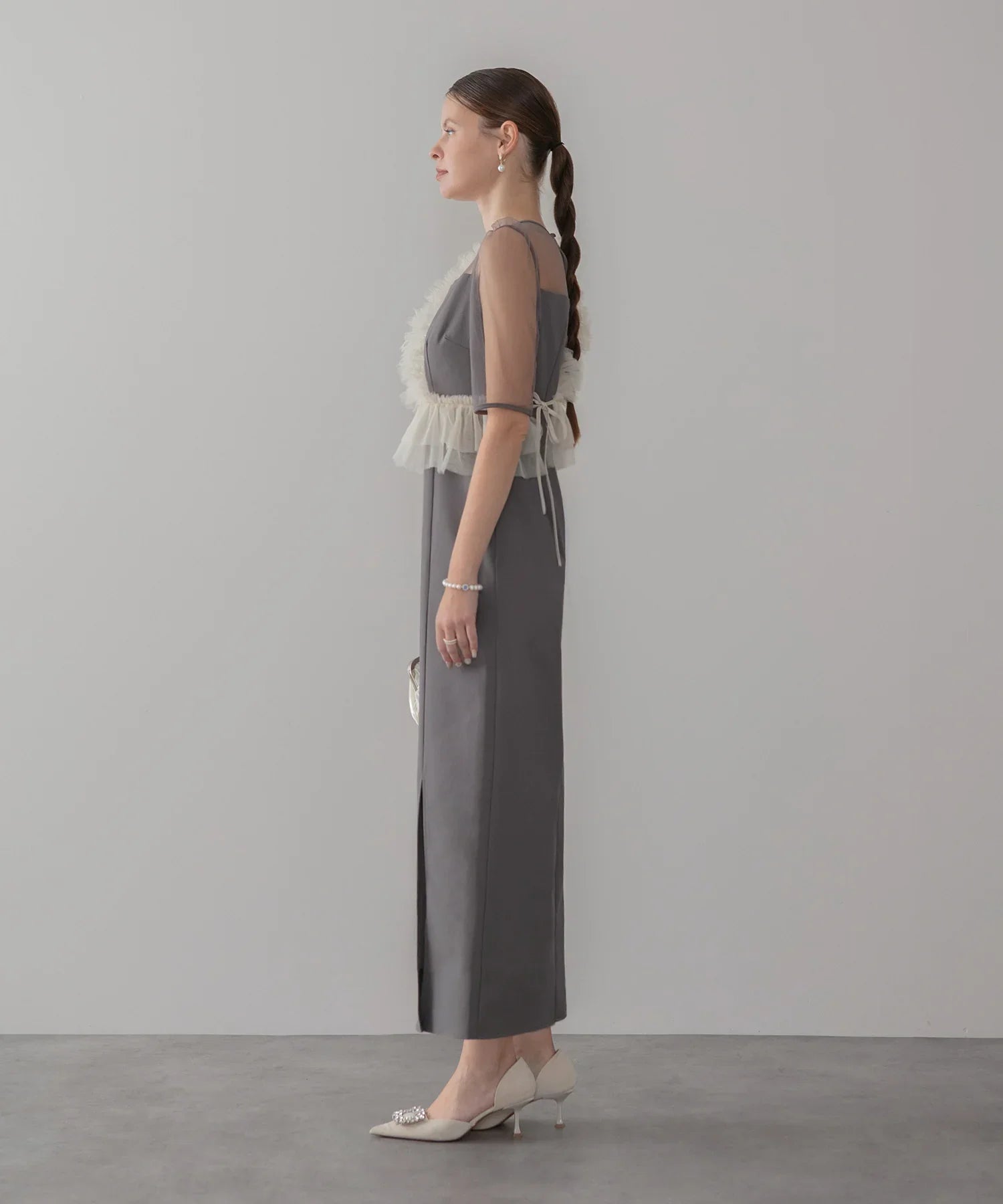 【当日発送】アシンメトリーフリルチュールIラインワンピースドレス