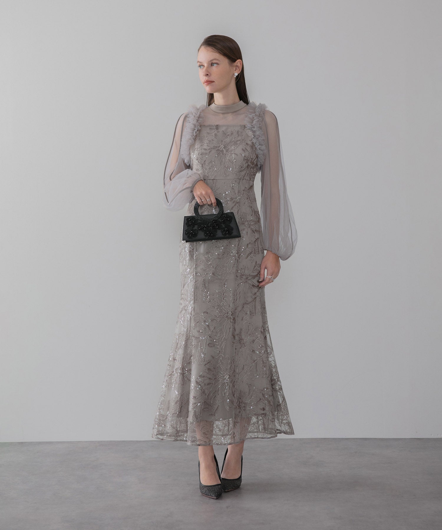 【当日発送】フラワースパンコールチュールフリルロングスリーブマーメイドワンピースドレス