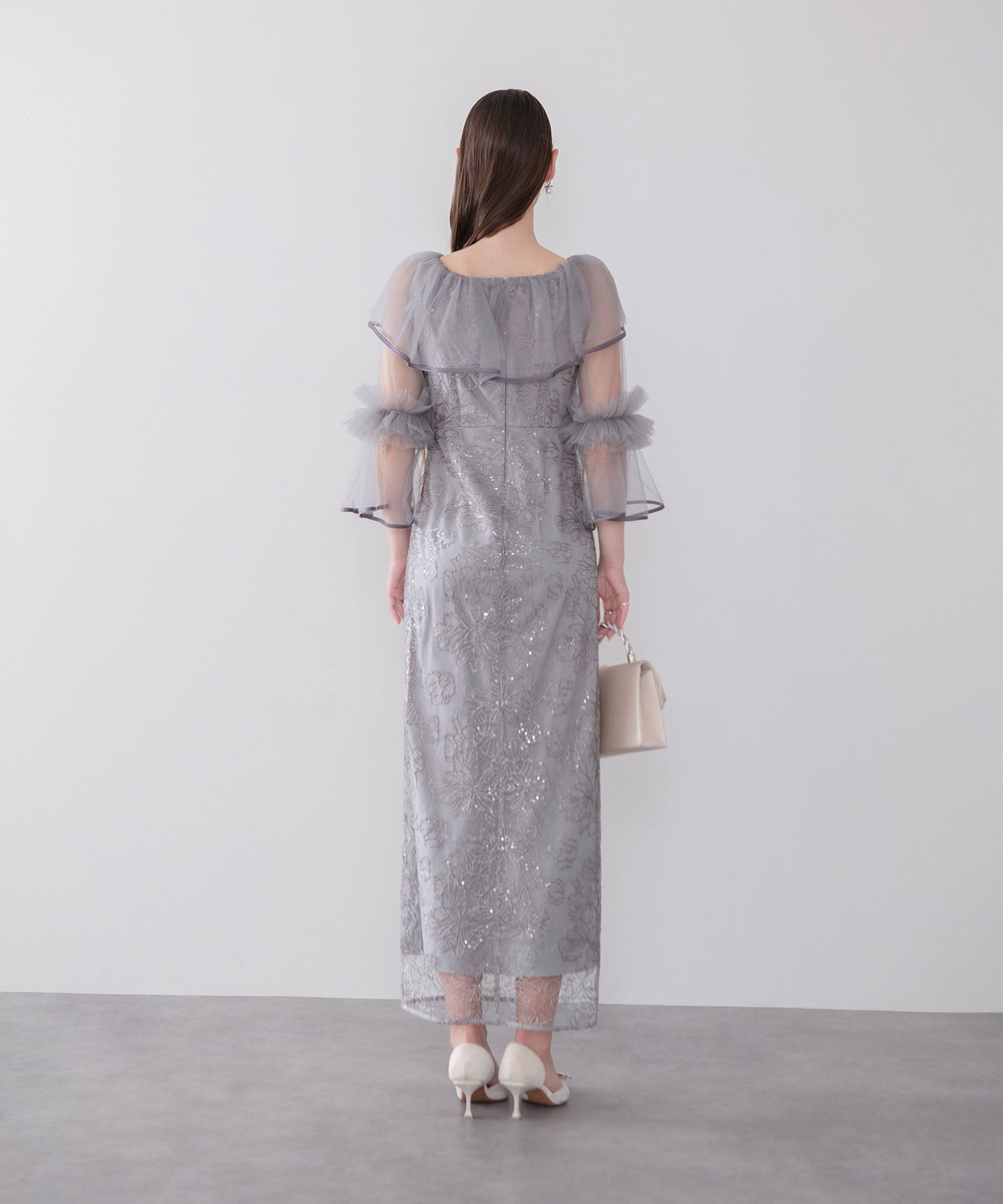 【COMING SOON】2WAYチュールフリルスパンコールIラインワンピースドレス