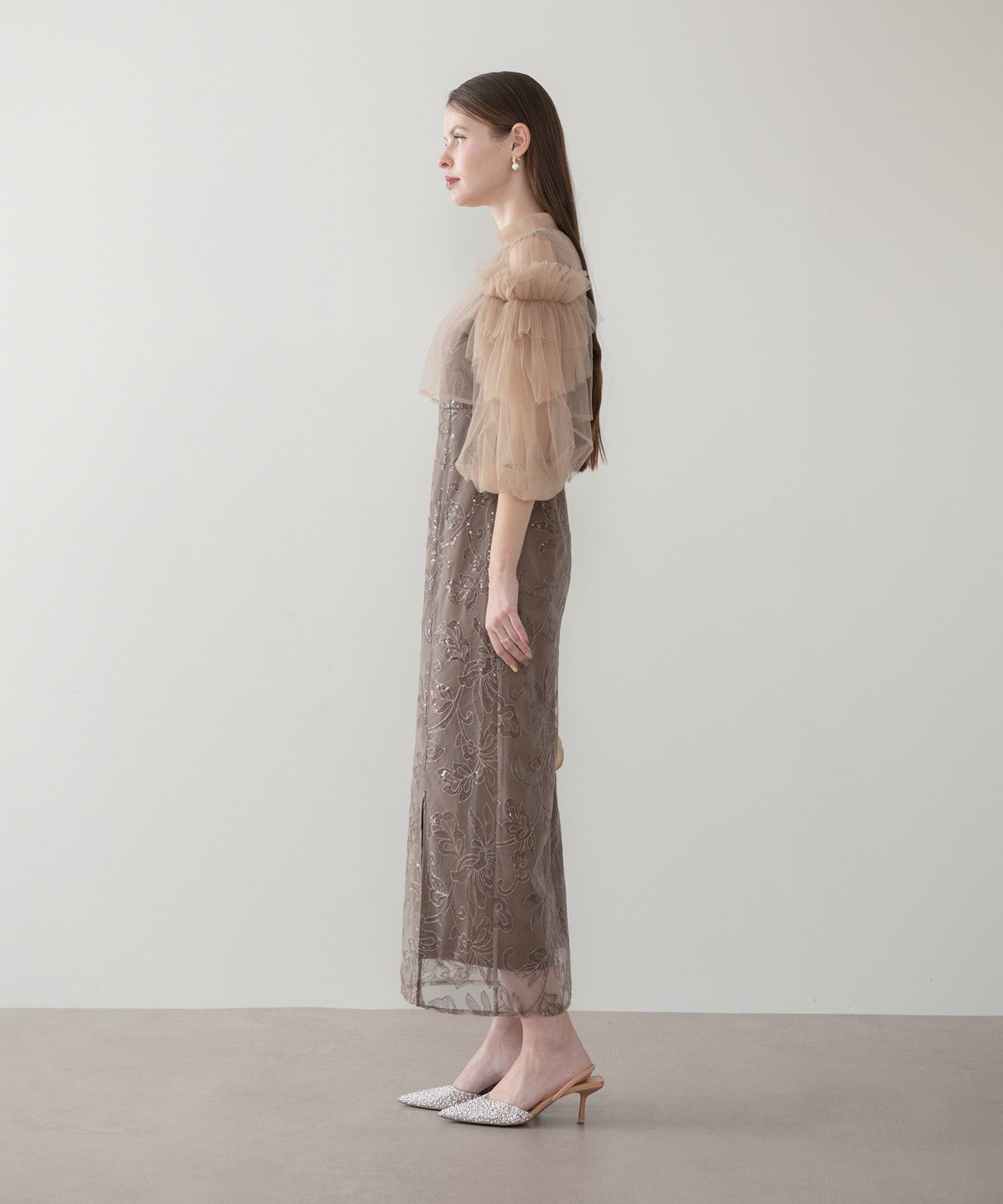 【当日発送】フリルチュールスパンコールフローラルIラインワンピースドレス