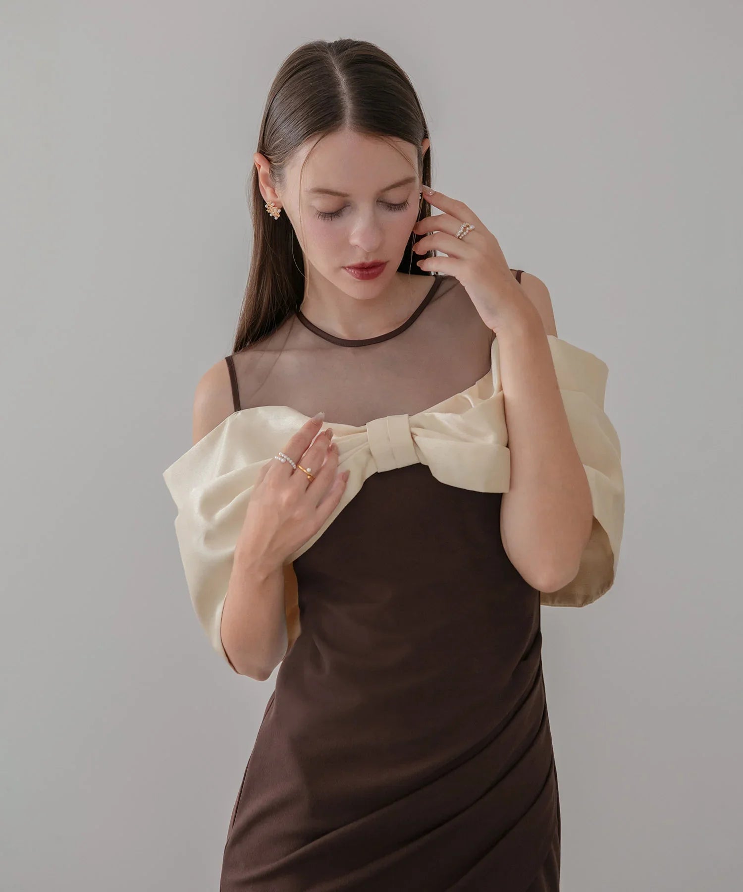 LEJA LUXE】ビッグリボンシアーショルダードレープロングドレス