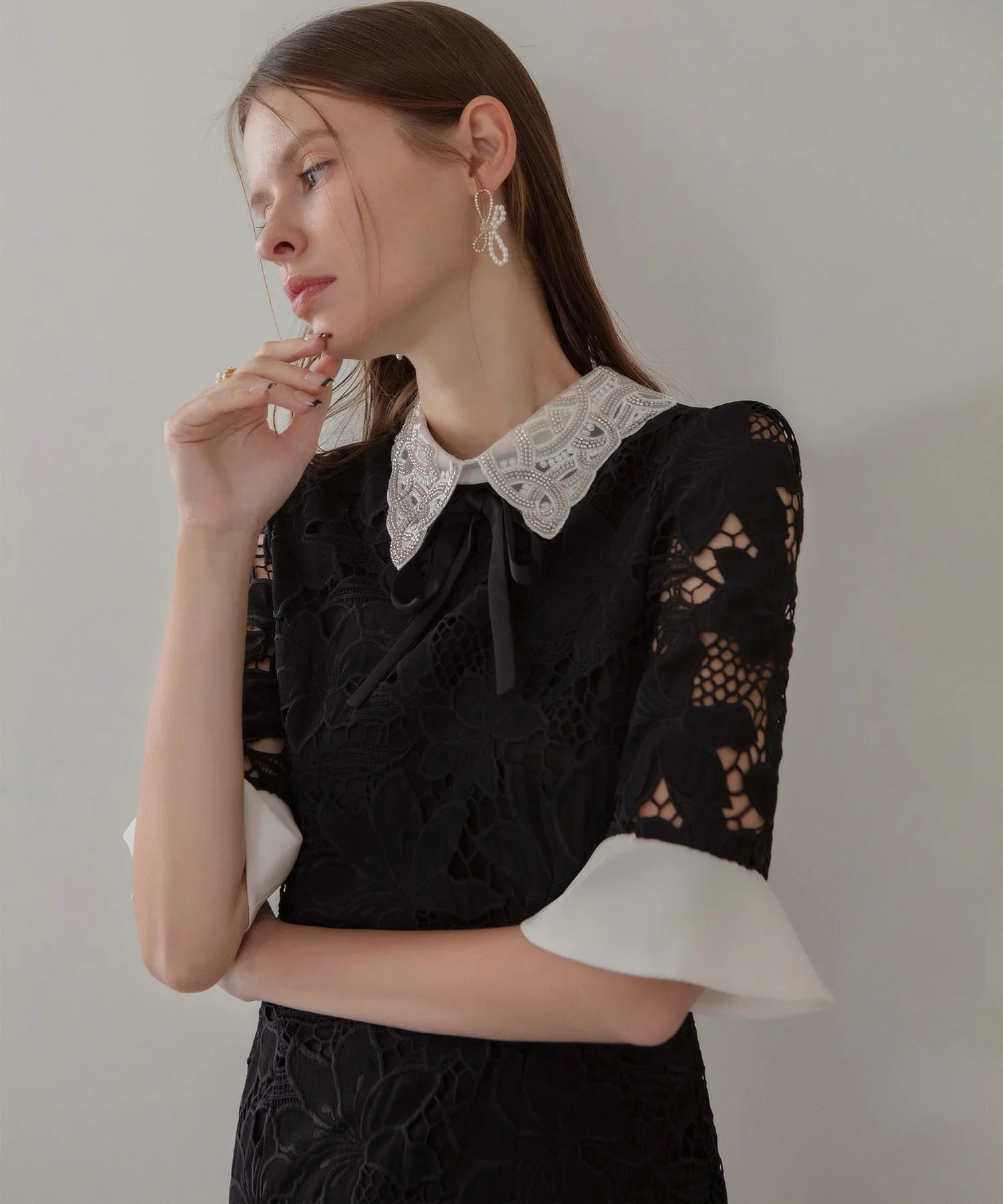 【Leja】パールカラーボウタイフラワーレースフィッシュテールワンピースドレスS 一部当日発送】パールカラーボウタイフラワーレースフィッシュ