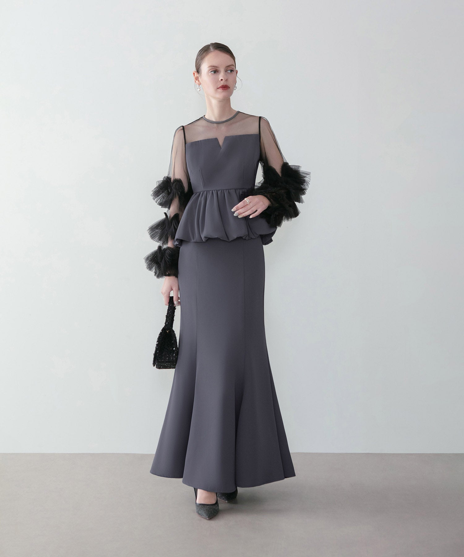 【一部当日発送】ボリュームチュールスリーブペプラムマーメイドセットアップドレス