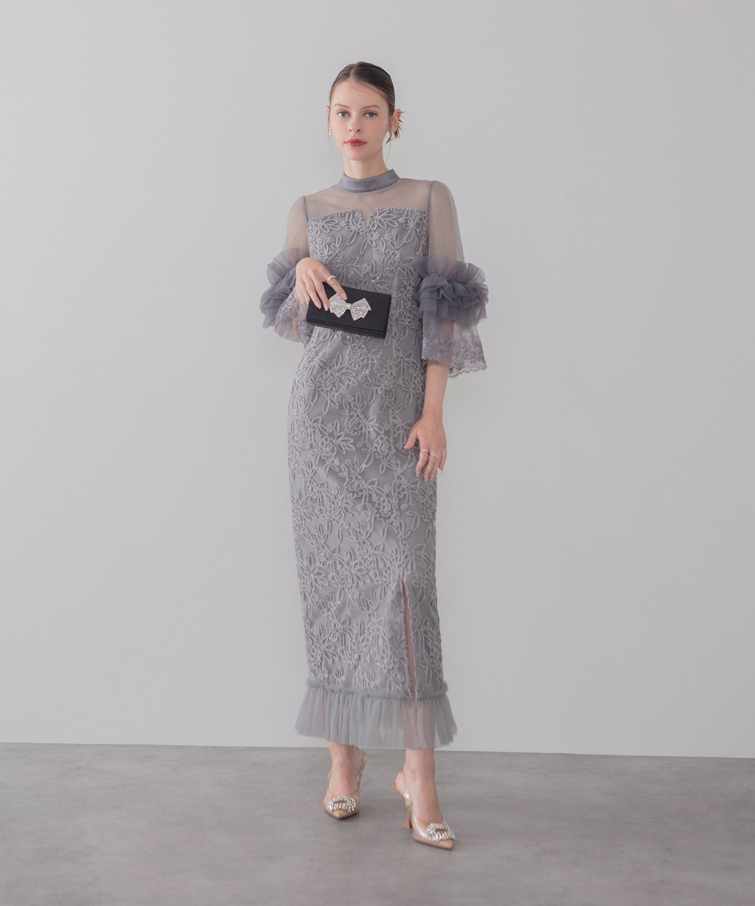 【COMING SOON】シアーチュールフラワーレースIラインワンピースドレス