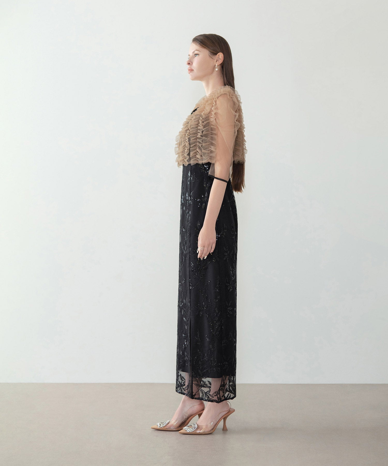 【当日発送】チュールフリルボレロフラワースパンコールＩラインワンピースドレス