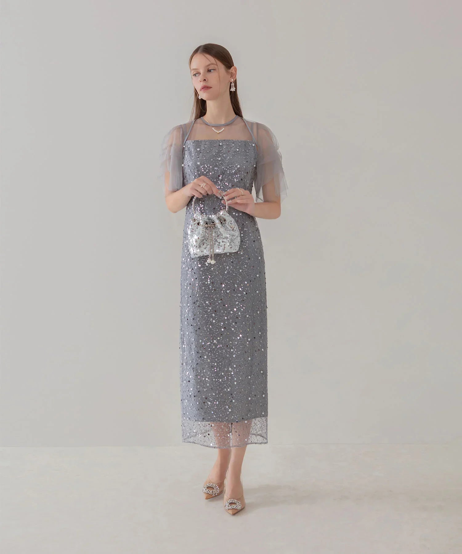 当日発送】スパンコールパールミックスボレロIラインワンピースドレス