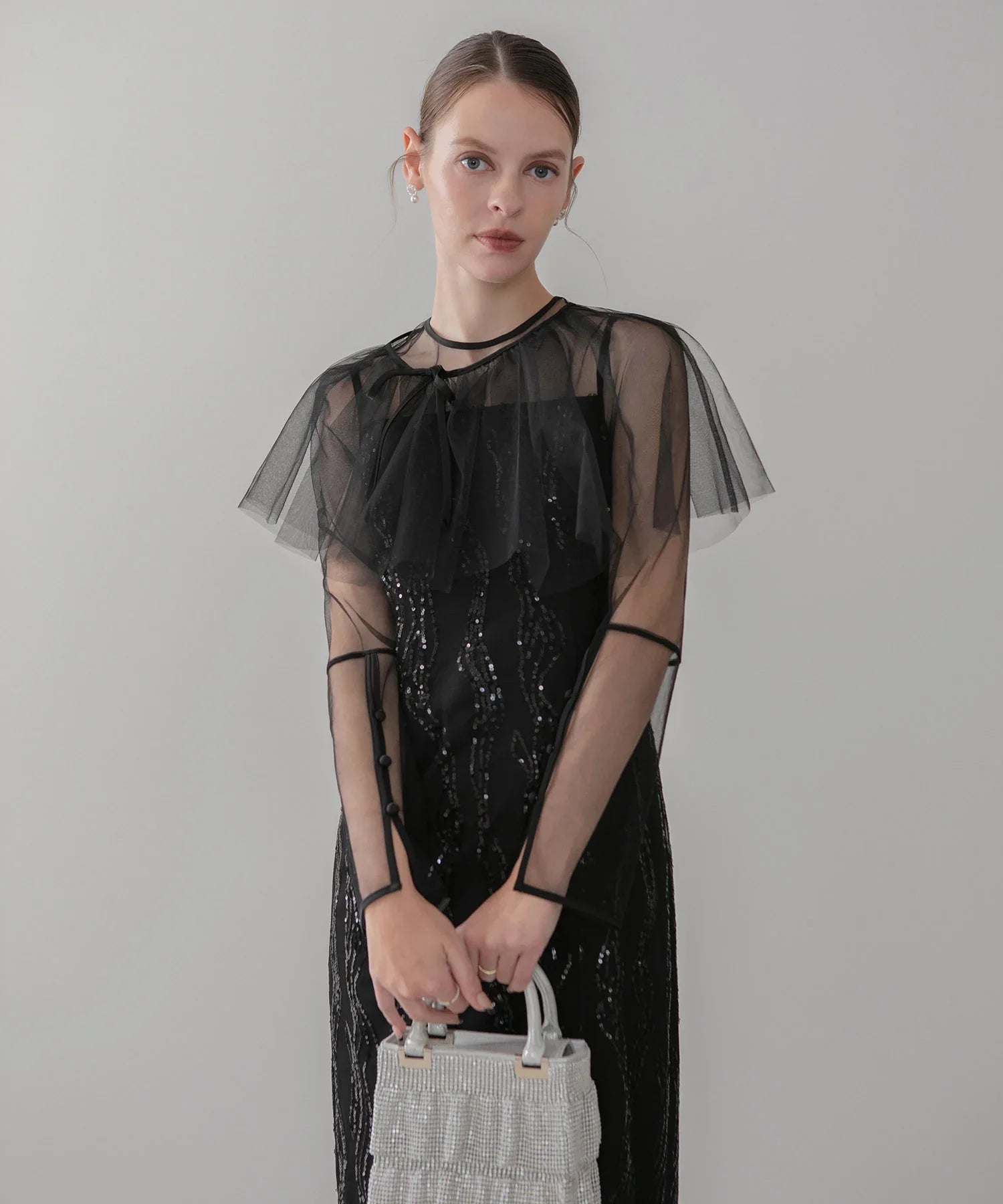 【11/1限定 値下げ中】Leja オケージョンドレス セール】【LEJA】ビスチェ風切り替えプチハイネック花柄シアー