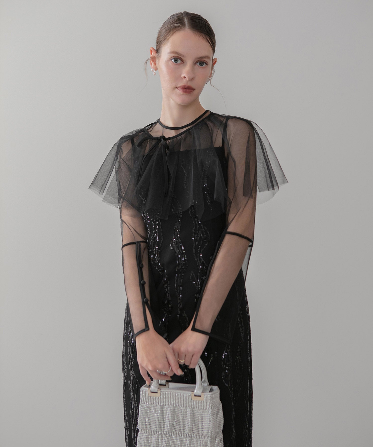 【当日発送】シアーケープスパンコールIラインワンピースドレス