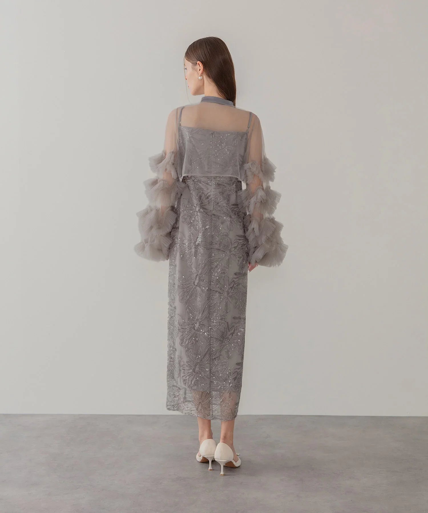 一部当日発送】フリルチュールスリーブリボンIラインワンピースドレス