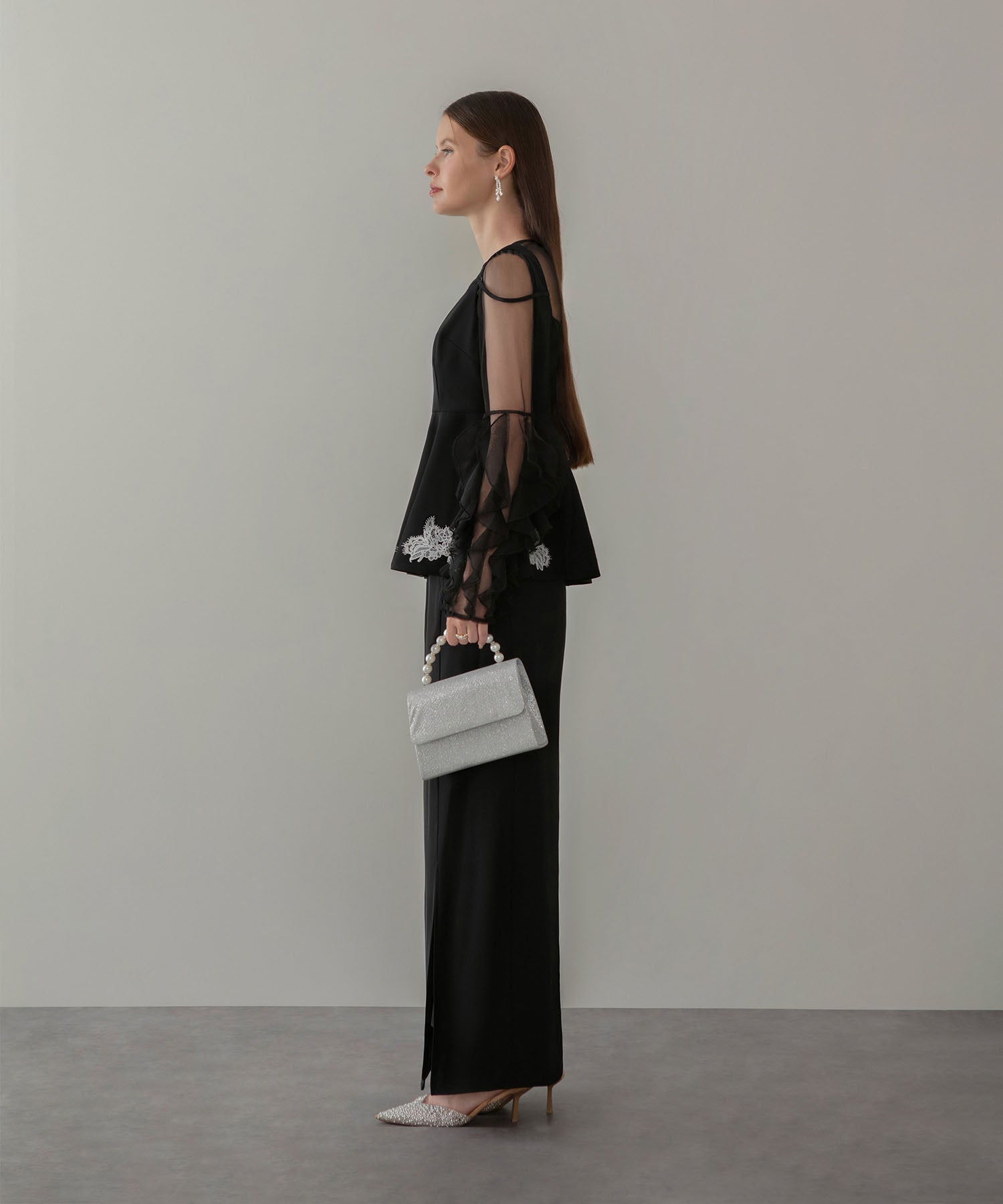 【当日発送】シアースリーブフリルペプラムタイトスカートセットアップドレス