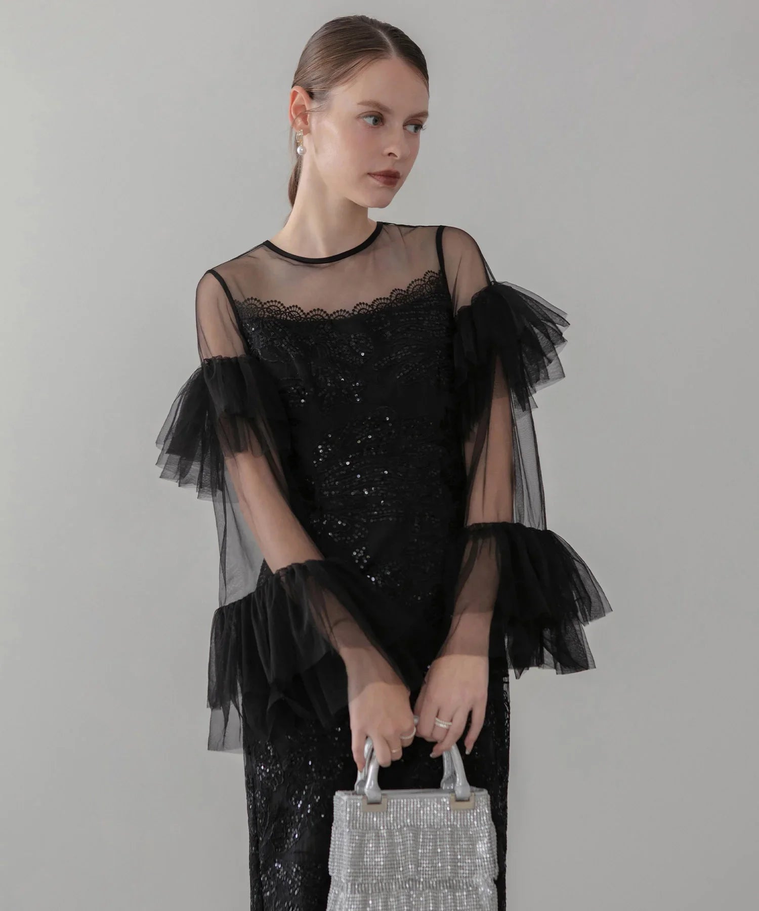 【当日発送】フリルチュールスリーブレースIラインワンピースドレス