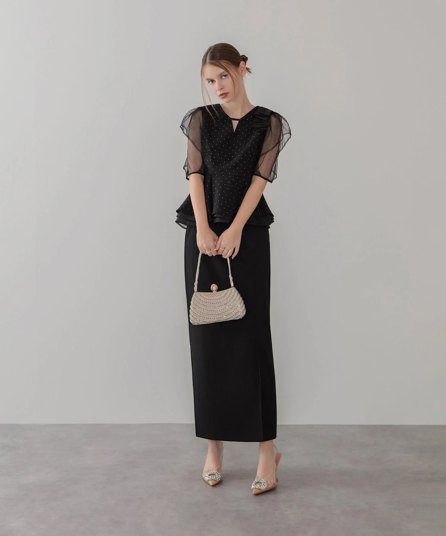 【当日発送】ドットストーンチュールペプラムセパレートIラインドレス