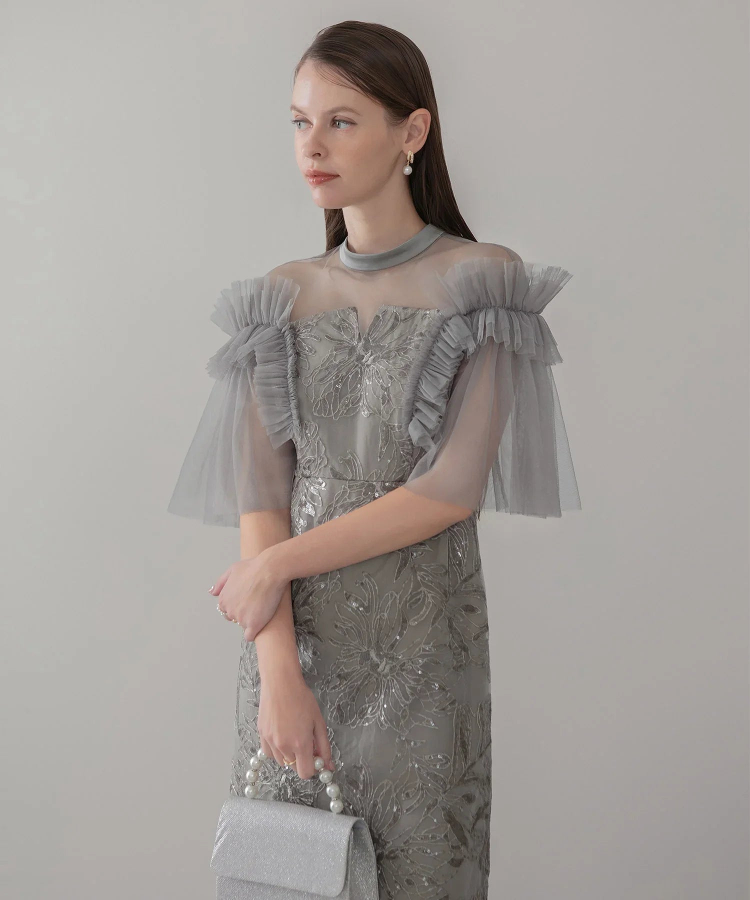 当日発送】チュールフリルショルダーシアーIラインワンピースドレス