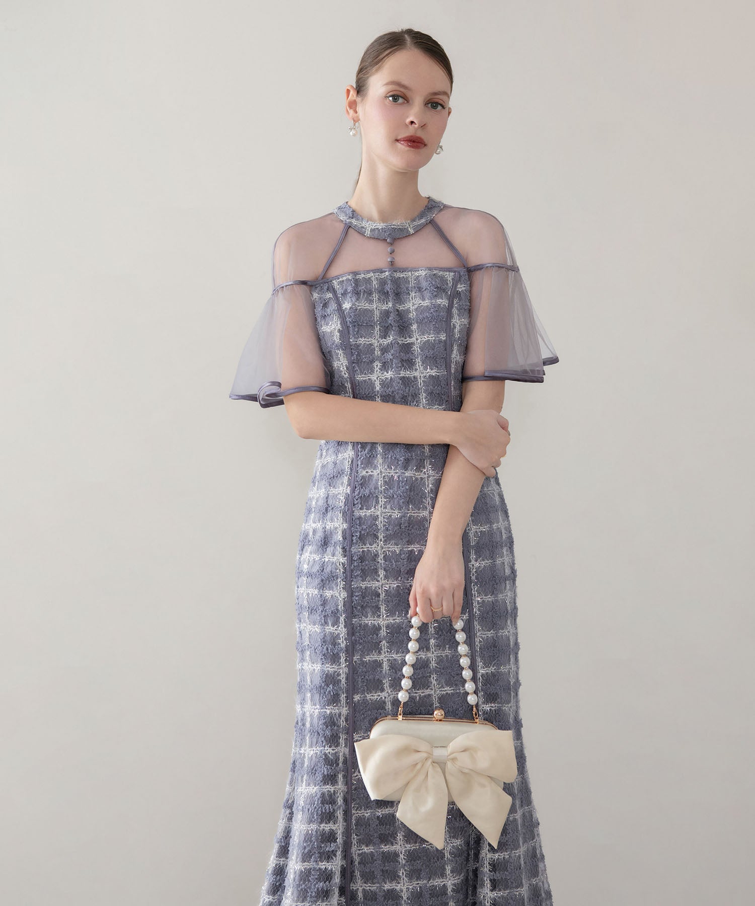 当日発送】ラメシャギーツイードチェックフリルマーメイドワンピースドレス