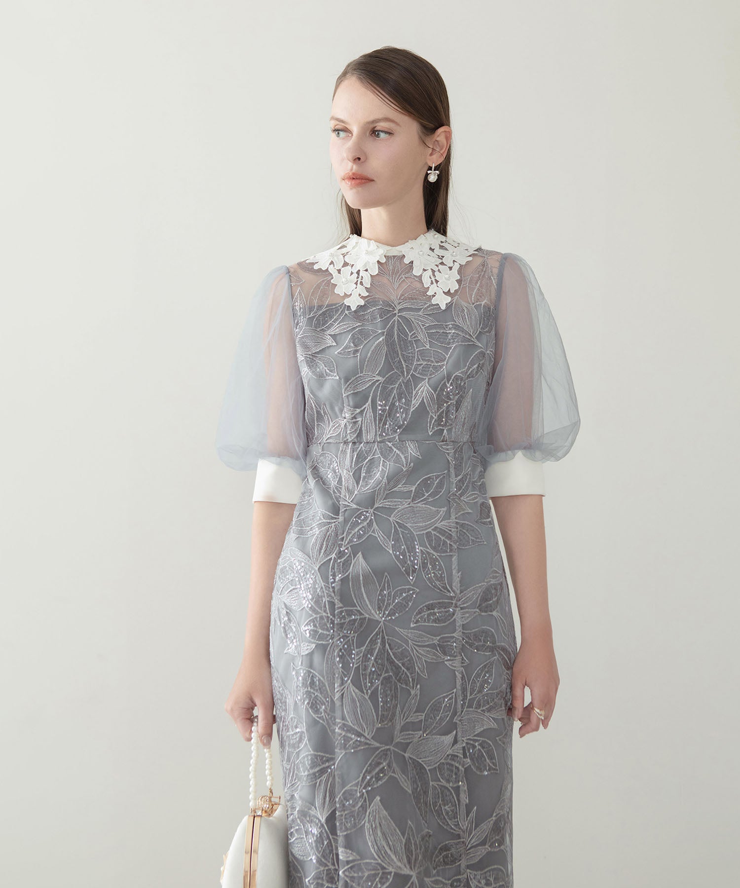 【当日発送】レースカラーリーフスパンコールパフスリーブIラインワンピースドレス