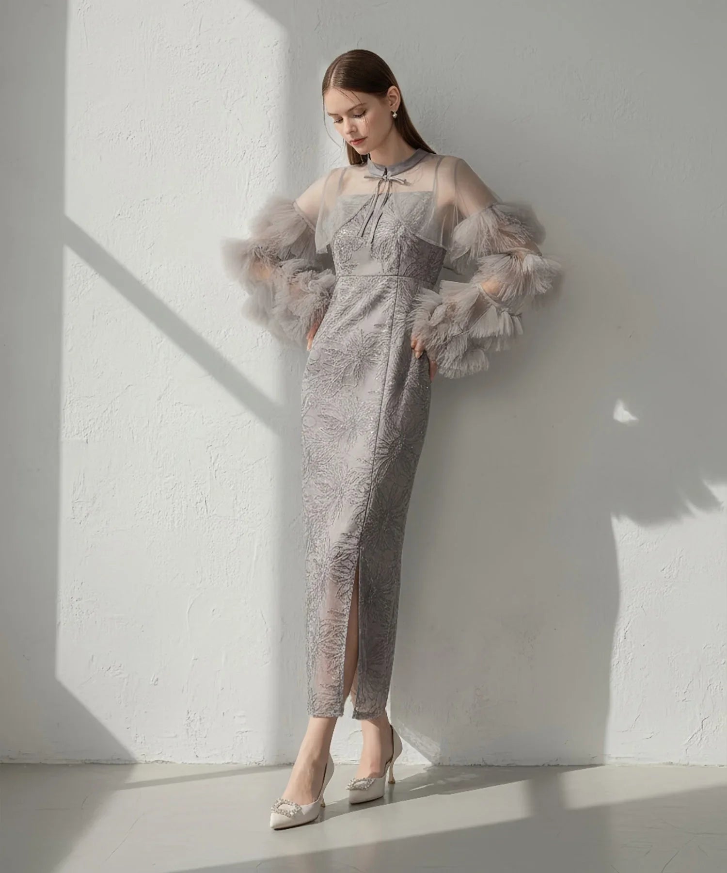 一部当日発送】フリルチュールスリーブリボンIラインワンピース