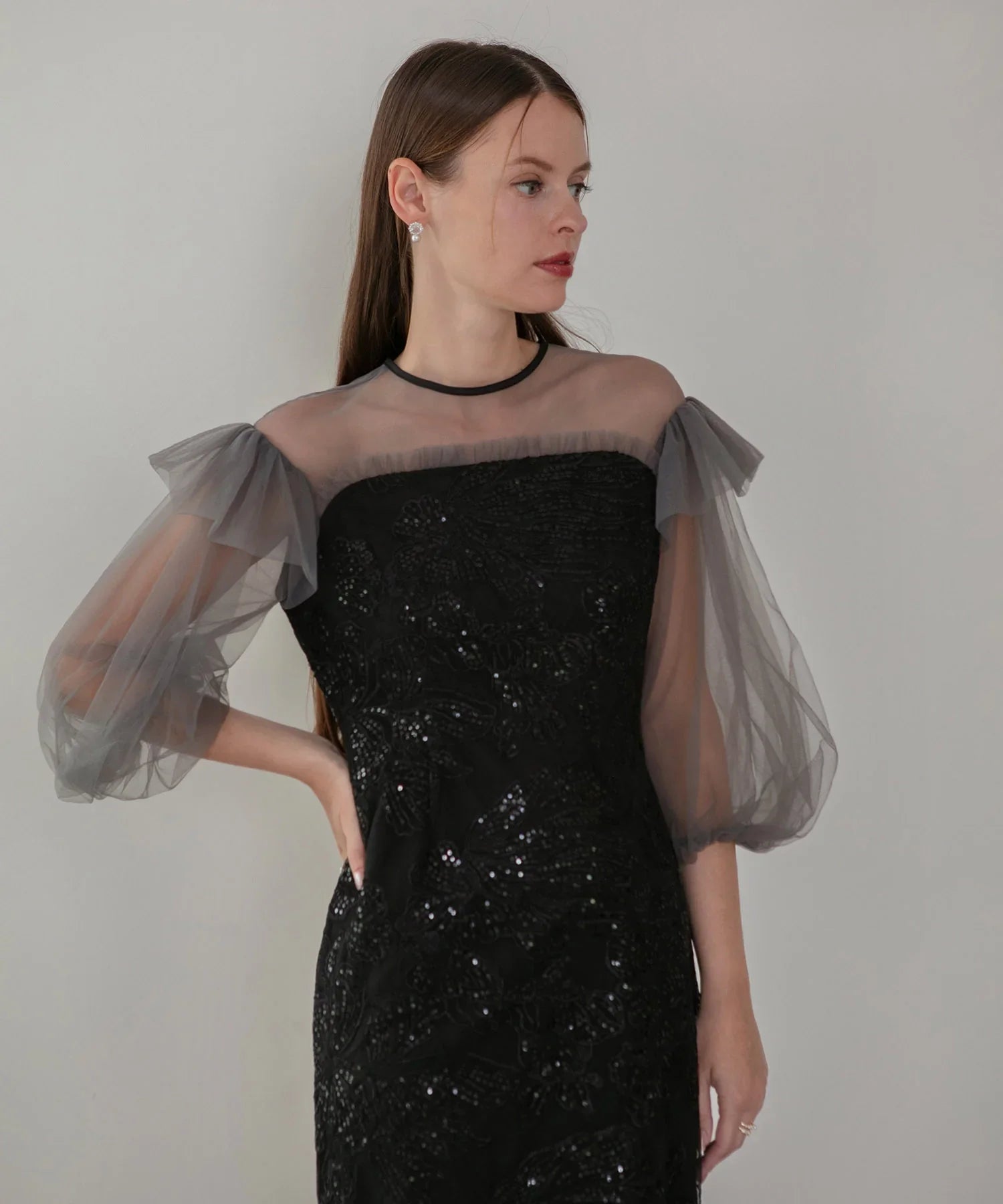 【一部当日発送】フラワースパンコールシアーフリルスリーブIラインワンピースドレス