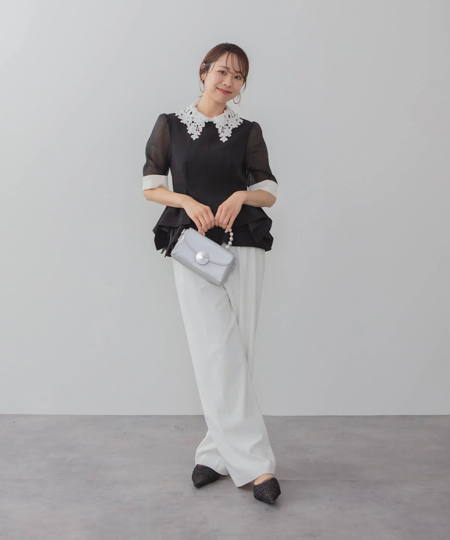 当日発送】レースカラーペプラムブラウスパンツセットアップドレス