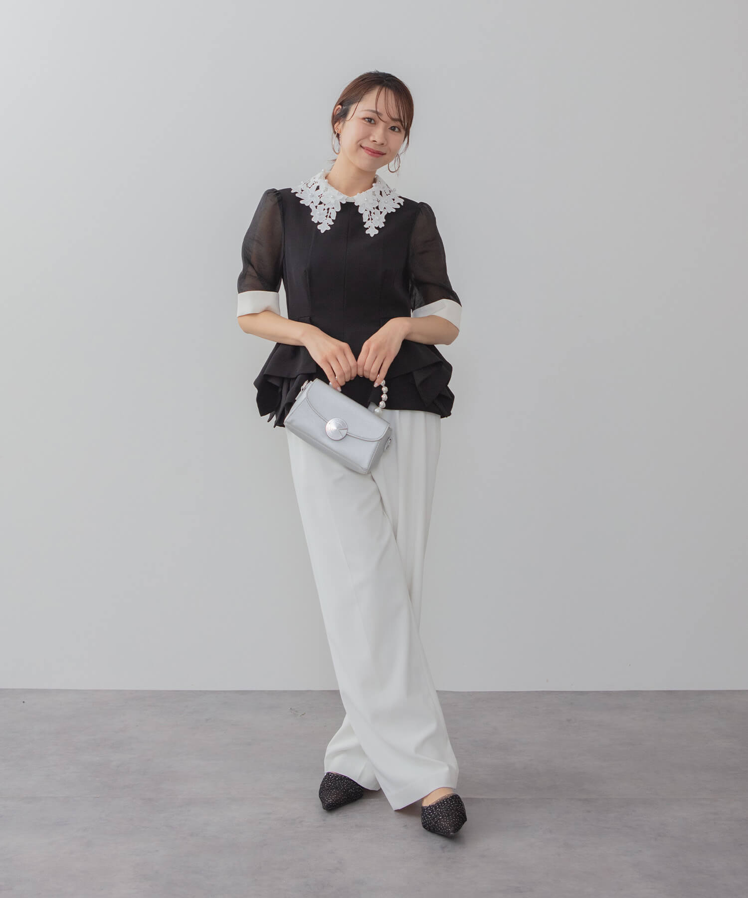 【当日発送】レースカラーペプラムブラウスパンツセットアップドレス