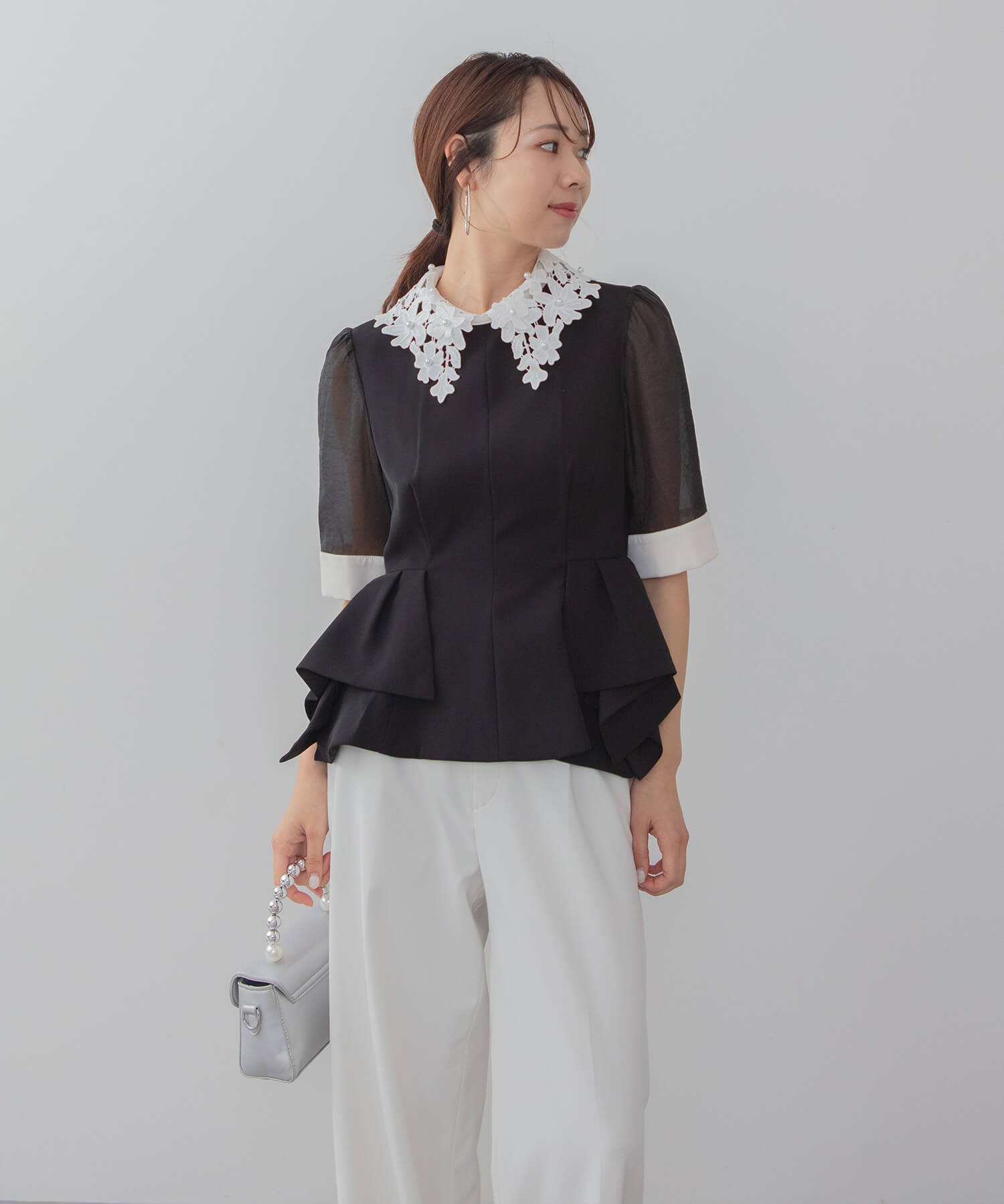 【当日発送】レースカラーペプラムブラウスパンツセットアップドレス