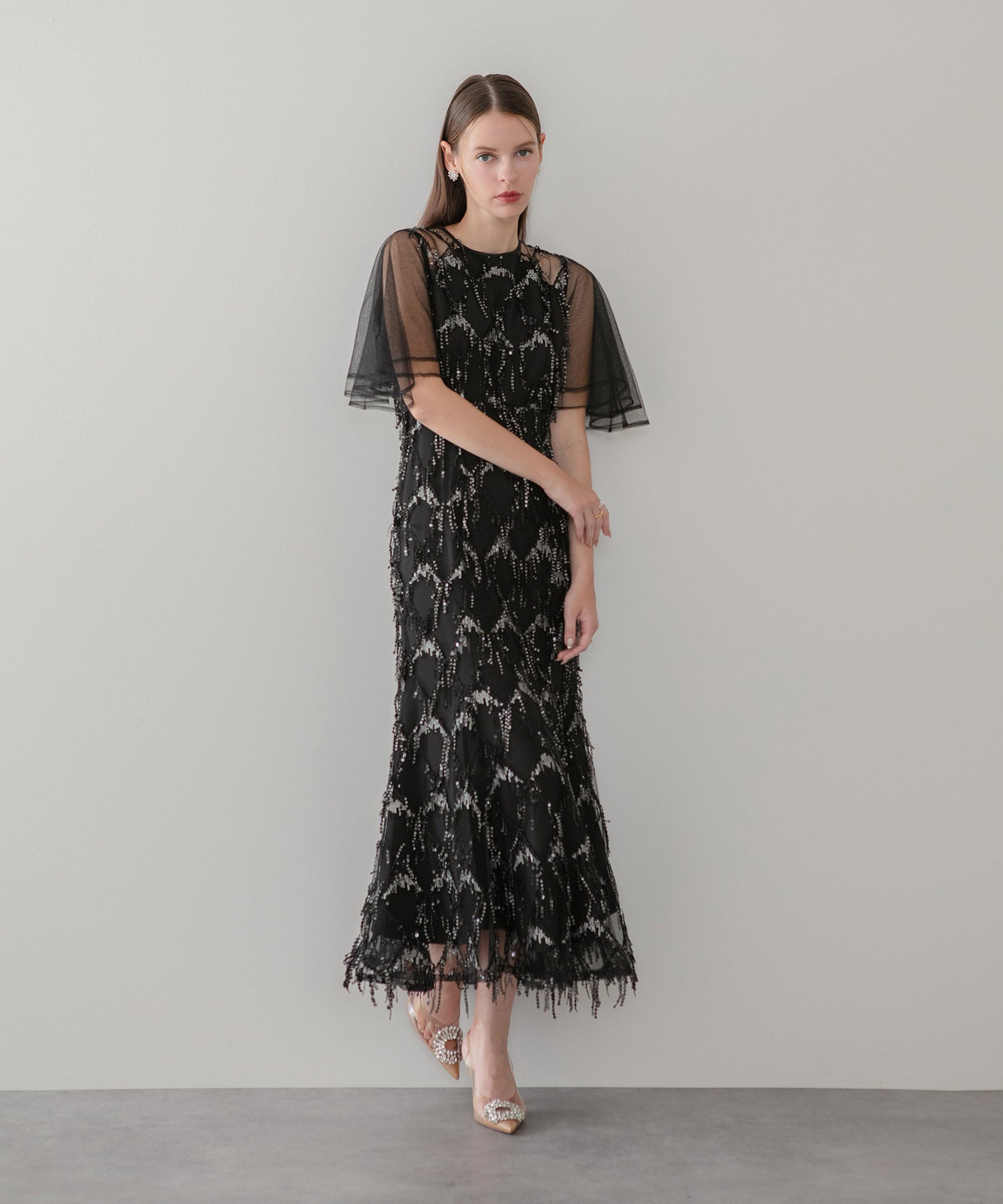 【当日発送】チュールスリーブスパンコールマーメイドワンピースドレス