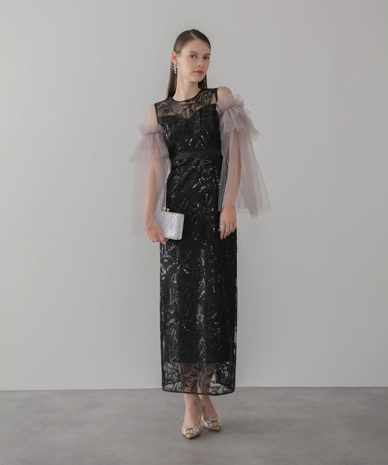 【当日発送】フラワーチュールフリルスリーブIラインワンピースドレス