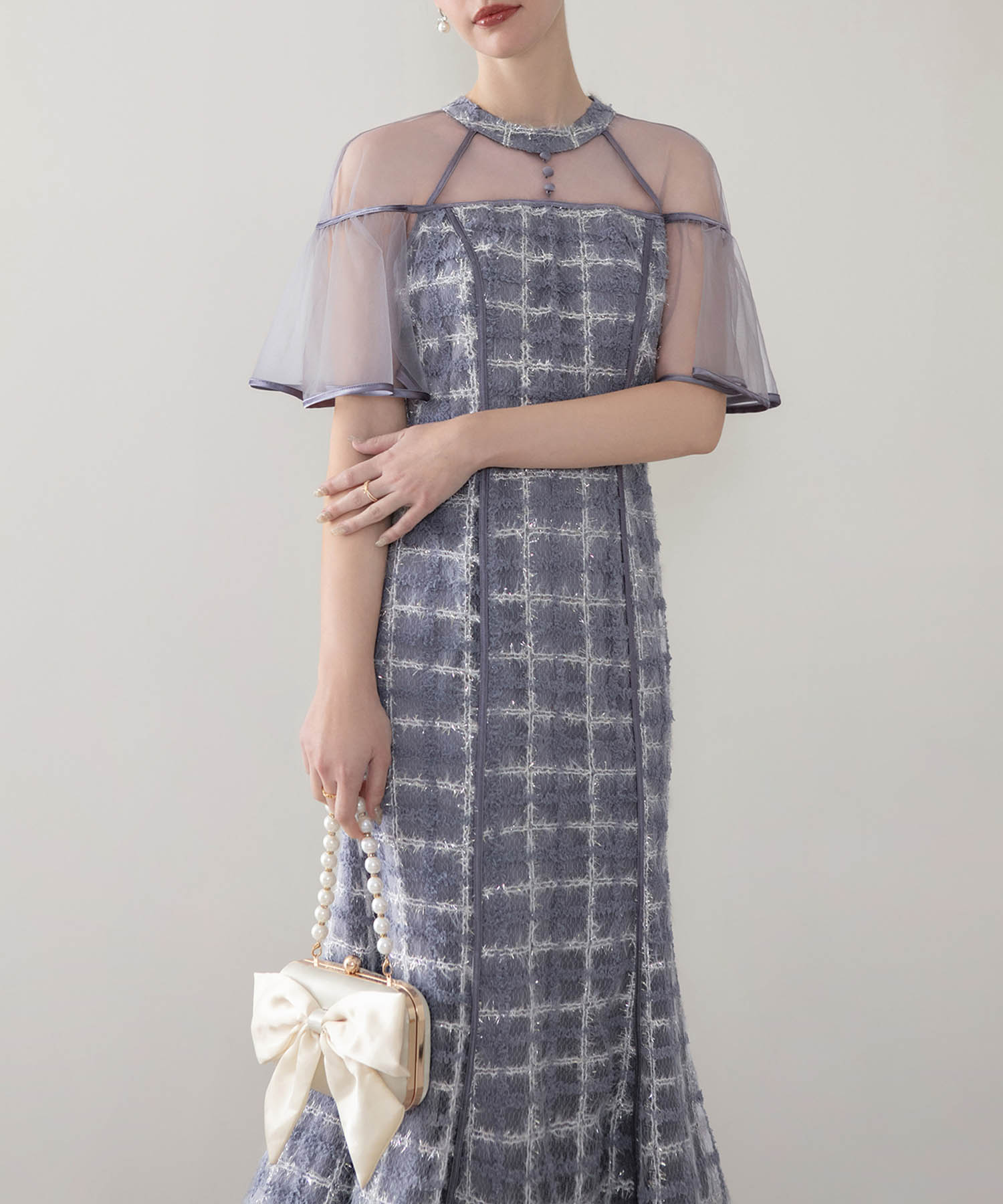 【当日発送】ラメシャギーツイードチェックフリルマーメイドワンピースドレス