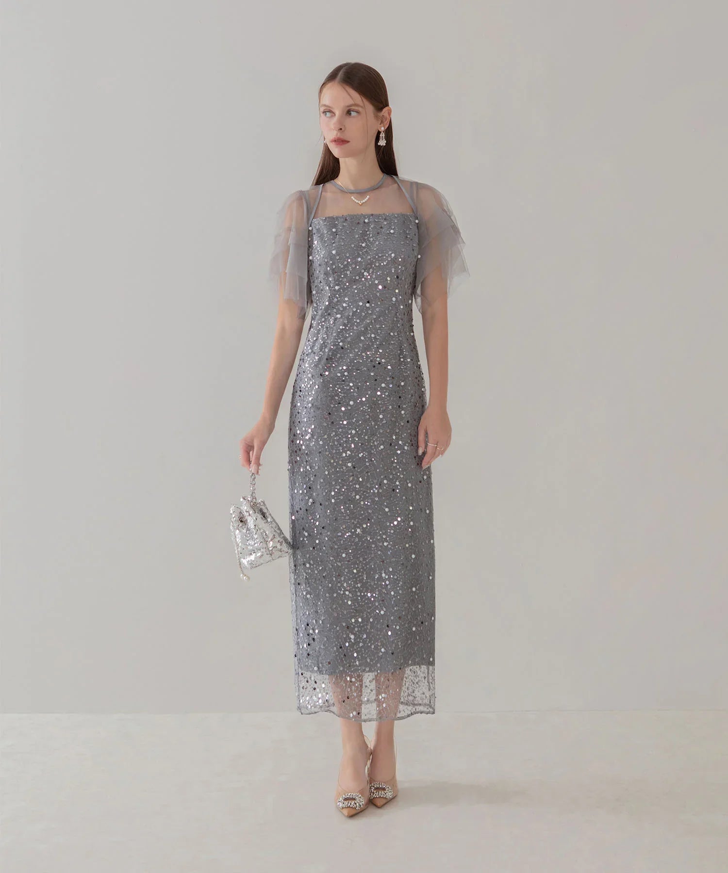 当日発送】スパンコールパールミックスボレロIラインワンピースドレス