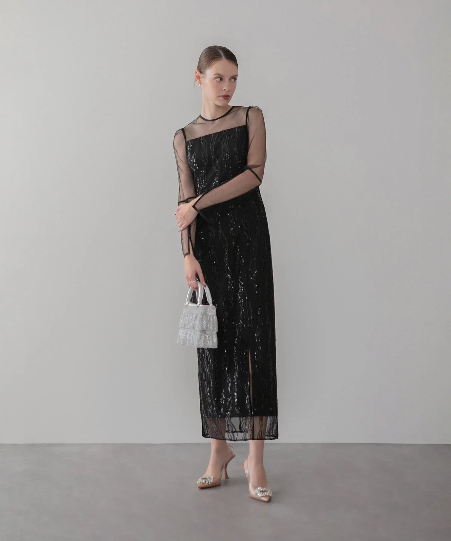 当日発送】シアーケープスパンコールIラインワンピースドレス