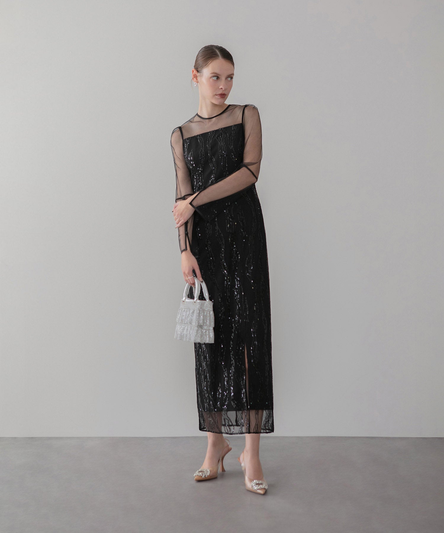 【当日発送】シアーケープスパンコールIラインワンピースドレス