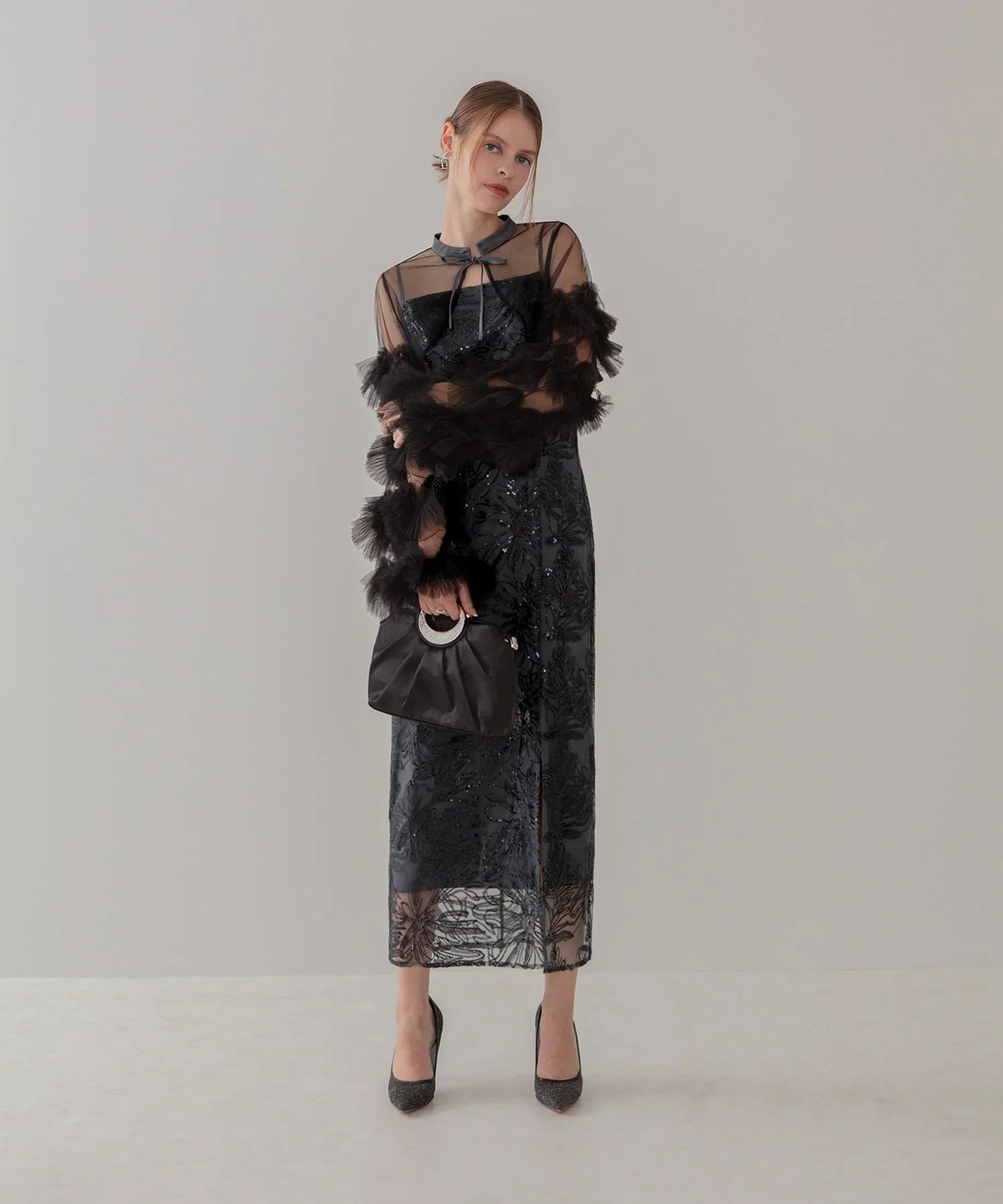 leja フリルチュールスリーブリボンIラインワンピースドレス Leja｜Leja-フリルチュールスリーブリボンIラインワンピース