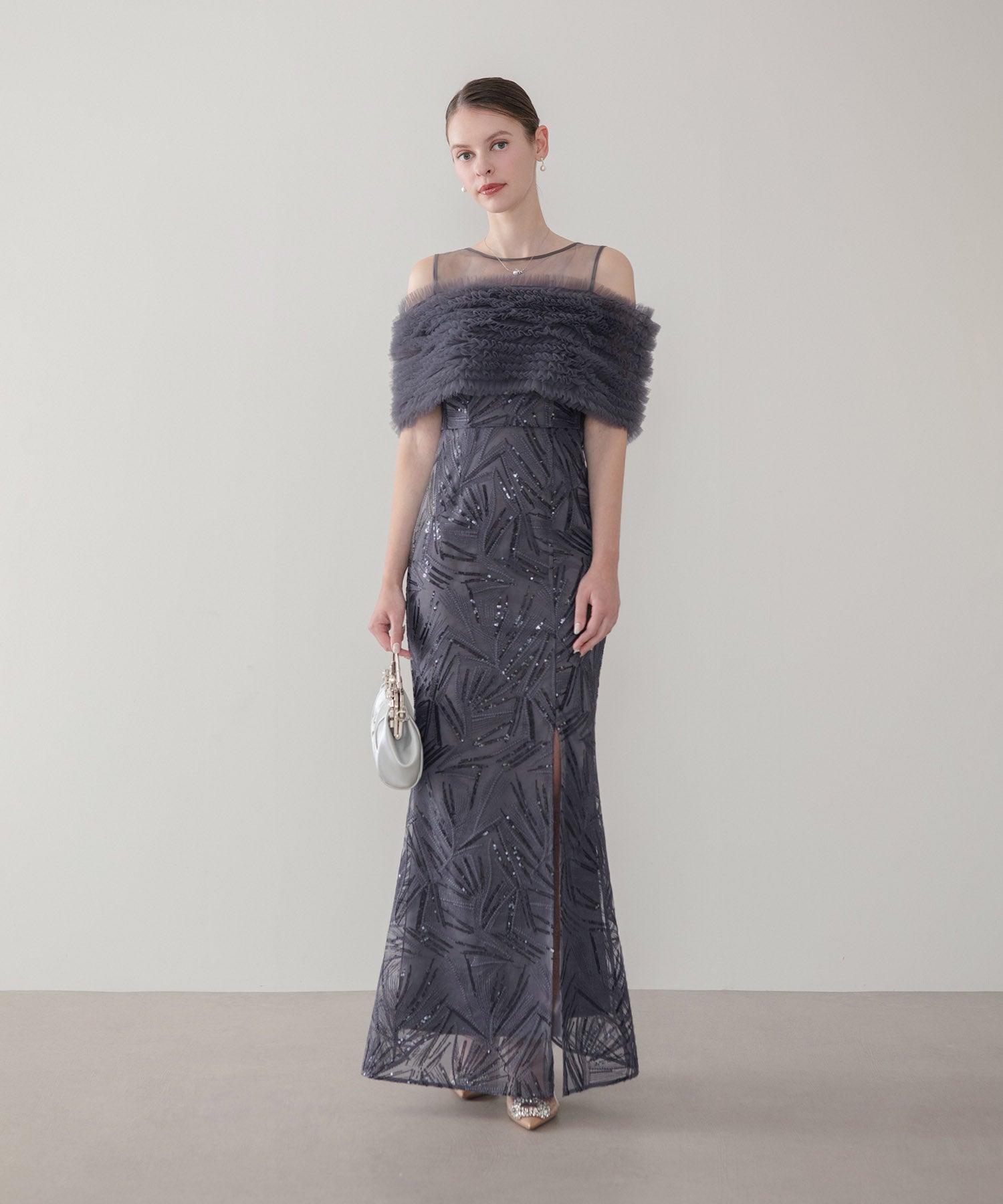 【LEJA LUXE】チュールフリルスパンコールスリットマーメイドドレス
